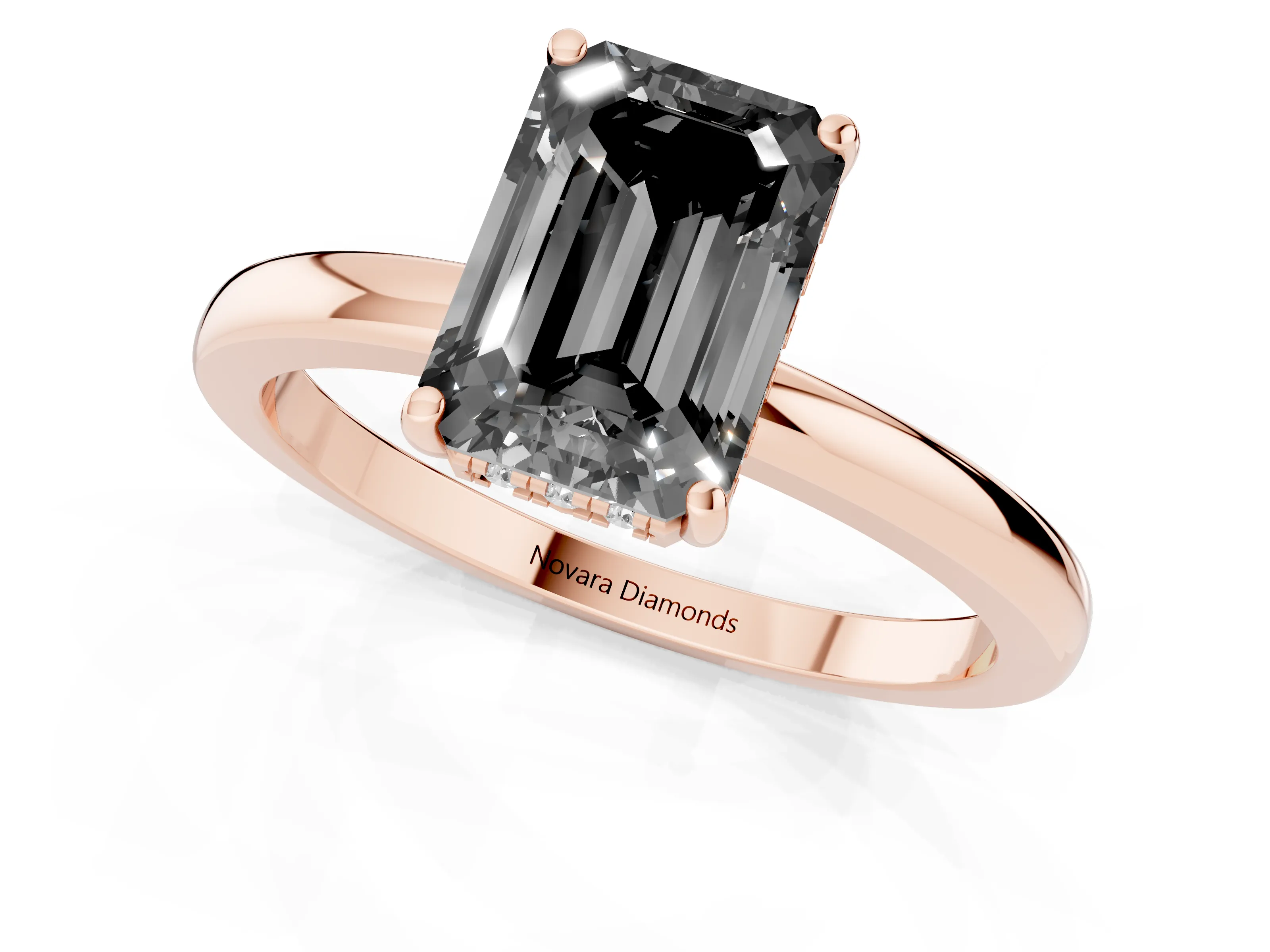 Fancy Black Emerald Cut Diamond Solitaire Ring Set in Rose gold with Plain Band and Prong Setting