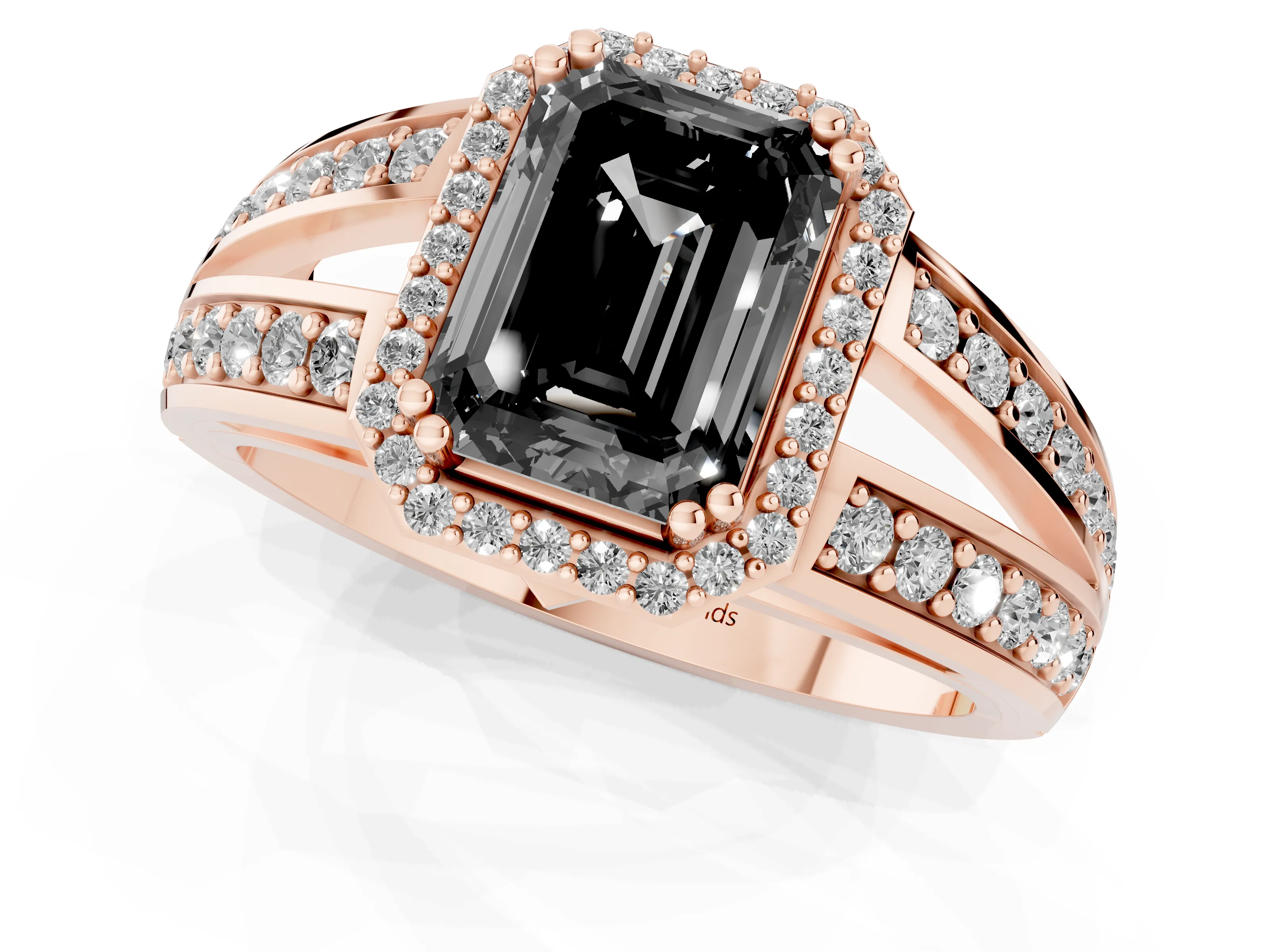 Fancy Black Emerald Cut Diamond Halo Ring Set in Rose gold with Double Pavé Split Shank