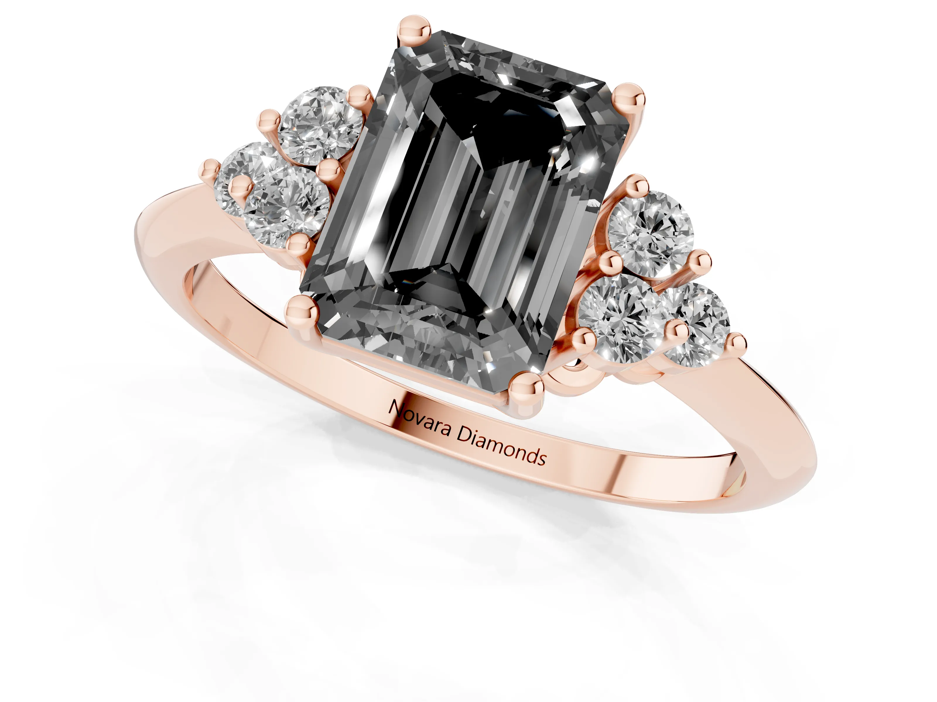 Fancy Black Emerald Cut Diamond Cluster Ring Set in Rose gold with Plain Band and Prong Setting