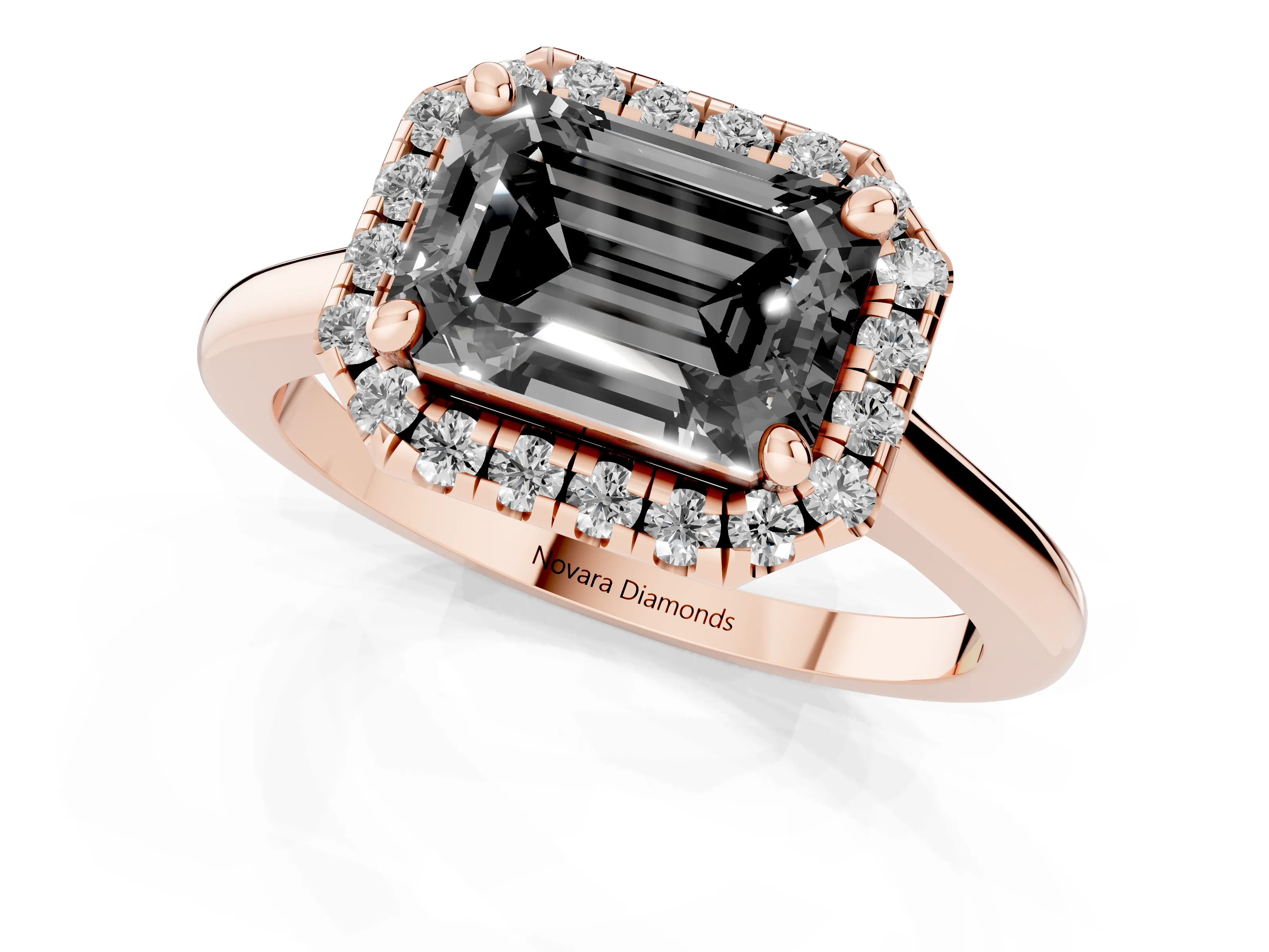 Fancy Black Emerald Cut Diamond Halo Engagement Ring Set in Rose gold with Pavé Band and Rising Shoulders