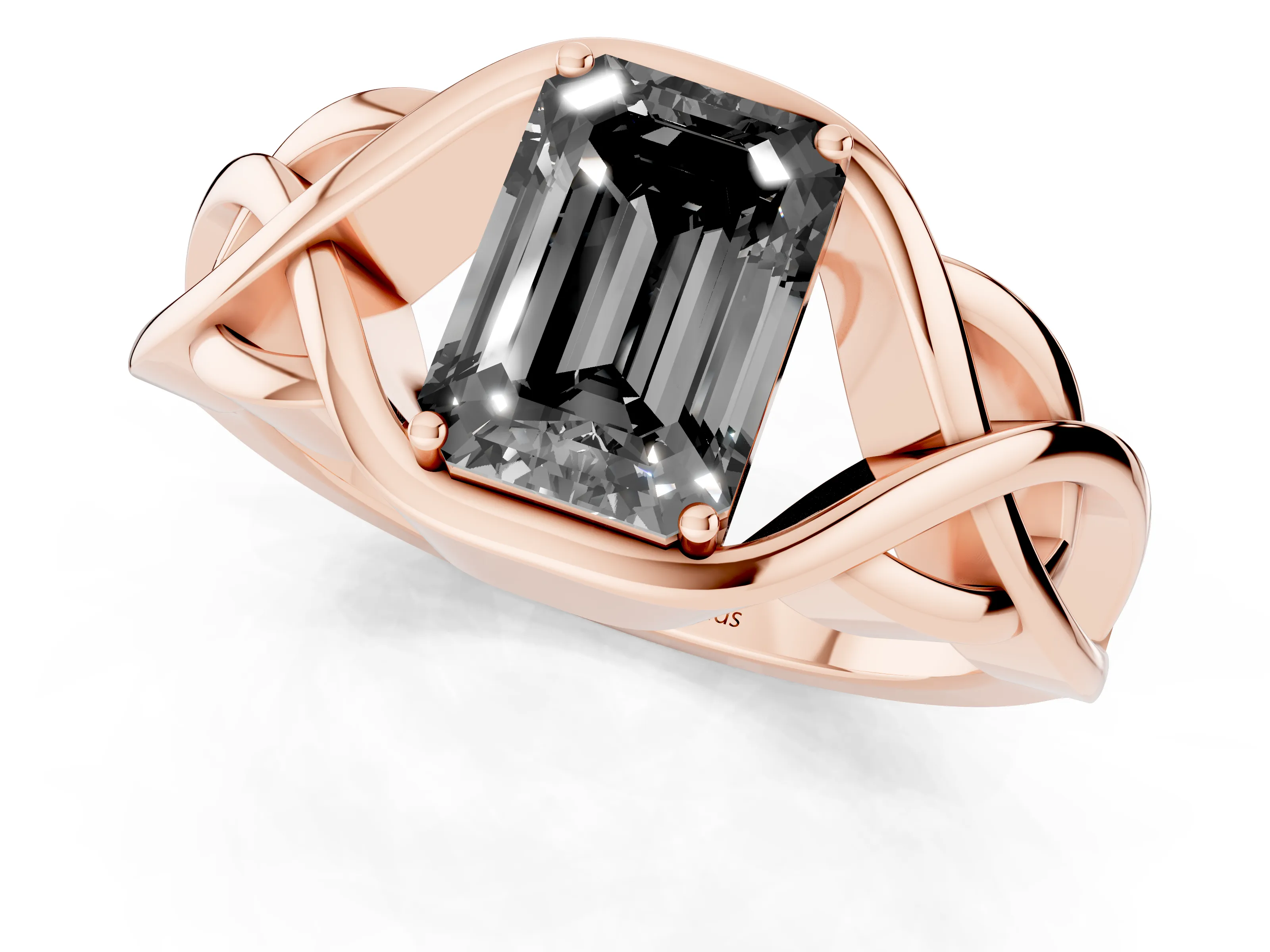 Fancy Black Emerald Cut Diamond Solitaire Ring Set in Rose gold with Intertwined Band