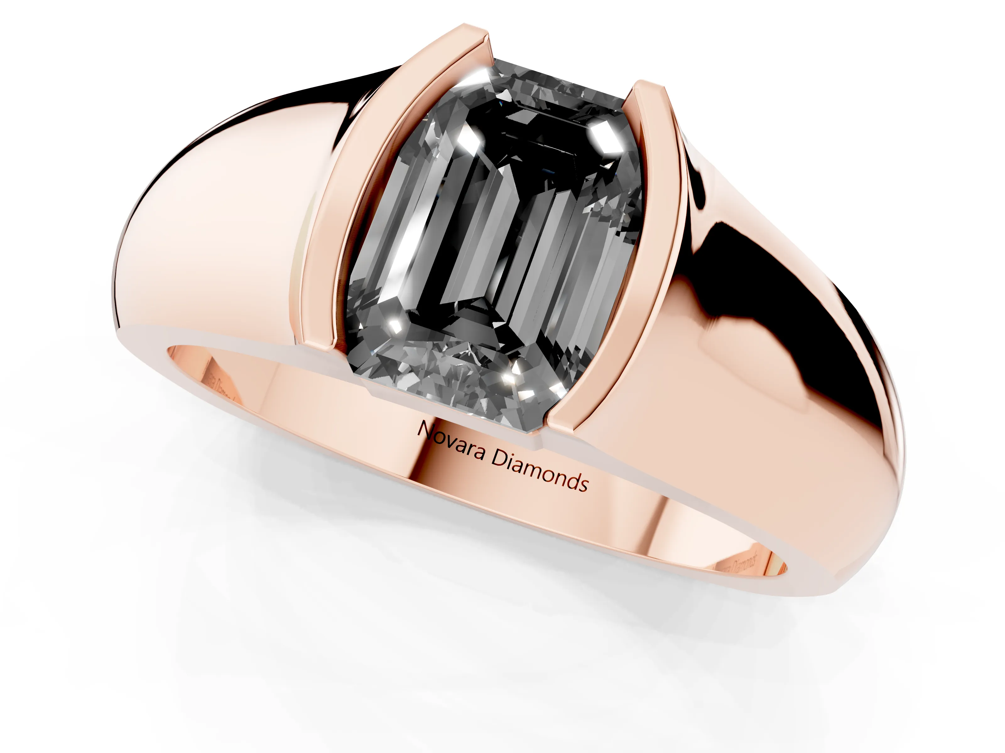 Fancy Black Emerald Cut Diamond Bezel Solitaire Ring Set in Rose gold with Wide Band