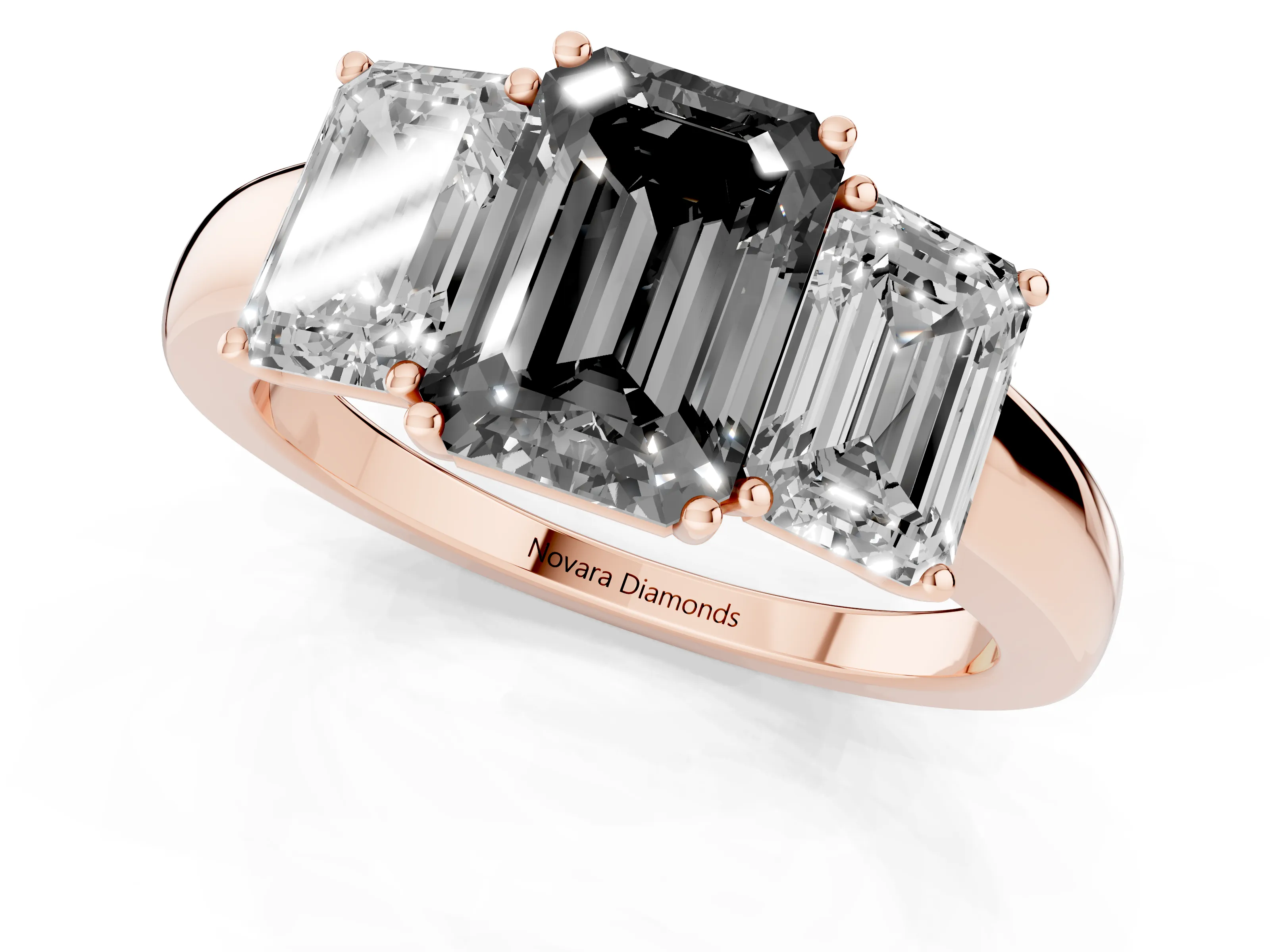 Fancy Black Emerald Cut Diamond Three-Stone Ring Set in Rose gold with Bold Center and Classic Band