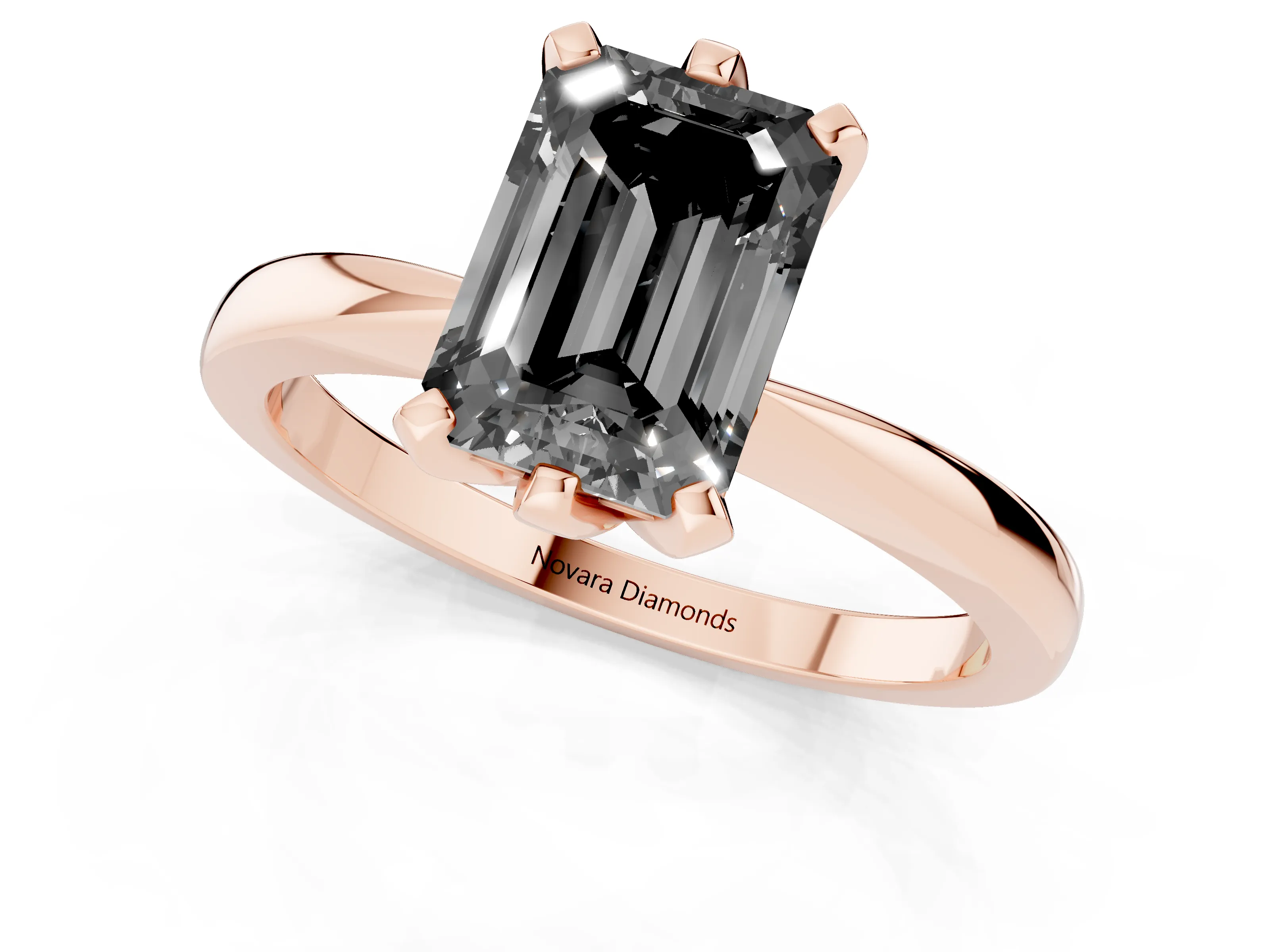 Fancy Black Emerald Cut Diamond Solitaire Engagement Ring Set in Rose gold with Slim Tapered Solitaire Band