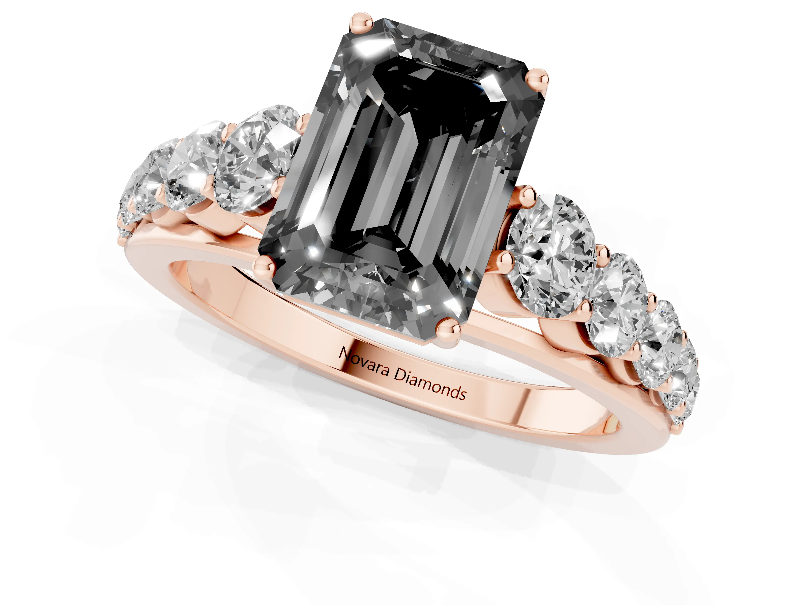 Fancy Black Emerald Cut Diamond Solitaire Ring Set in Rose gold with Pavé-Set Band and Prong Setting