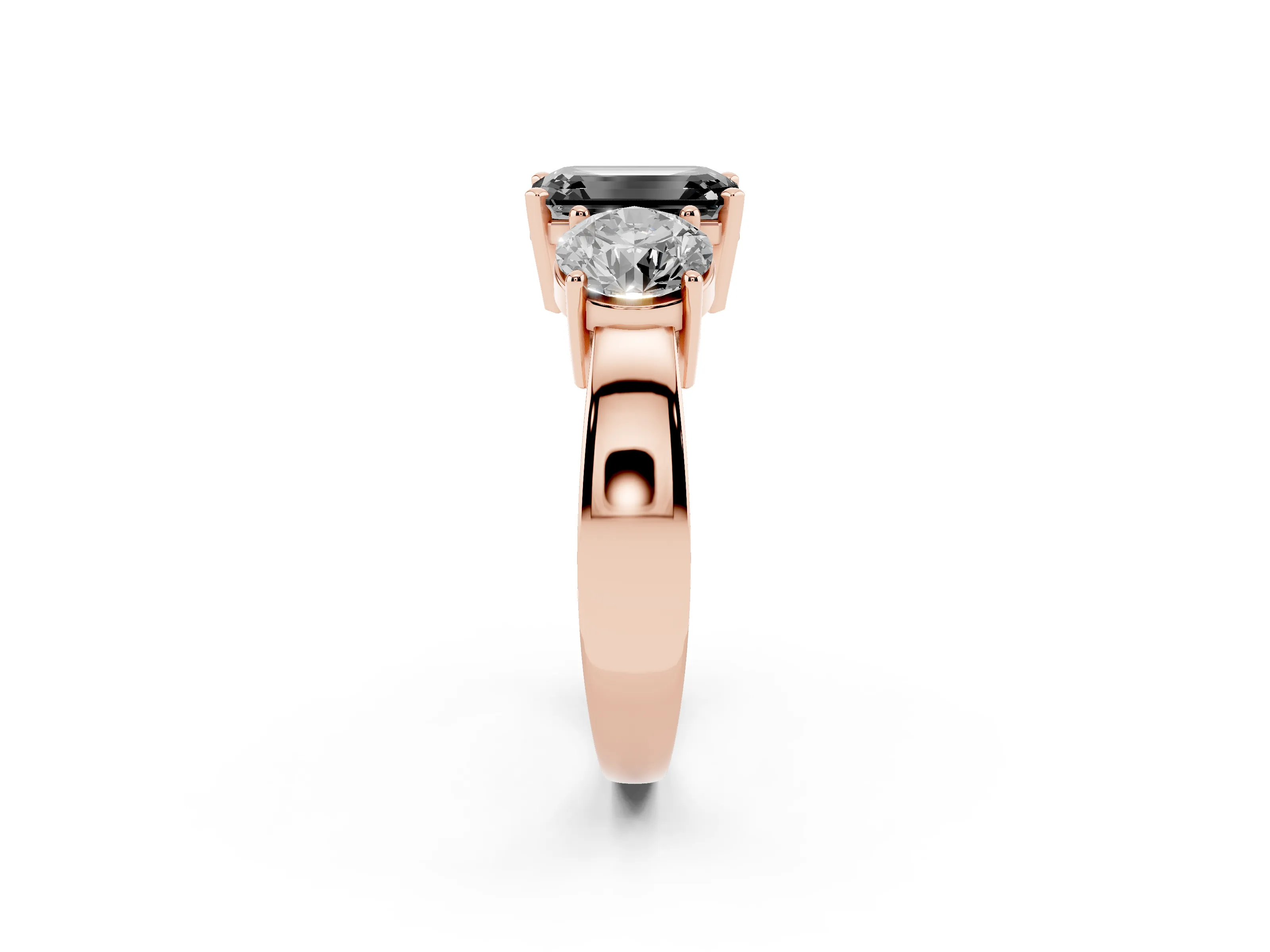 Fancy Black Emerald Cut Diamond Three-Stone Ring Set in Rose gold with Round Side Stones and Classic Band