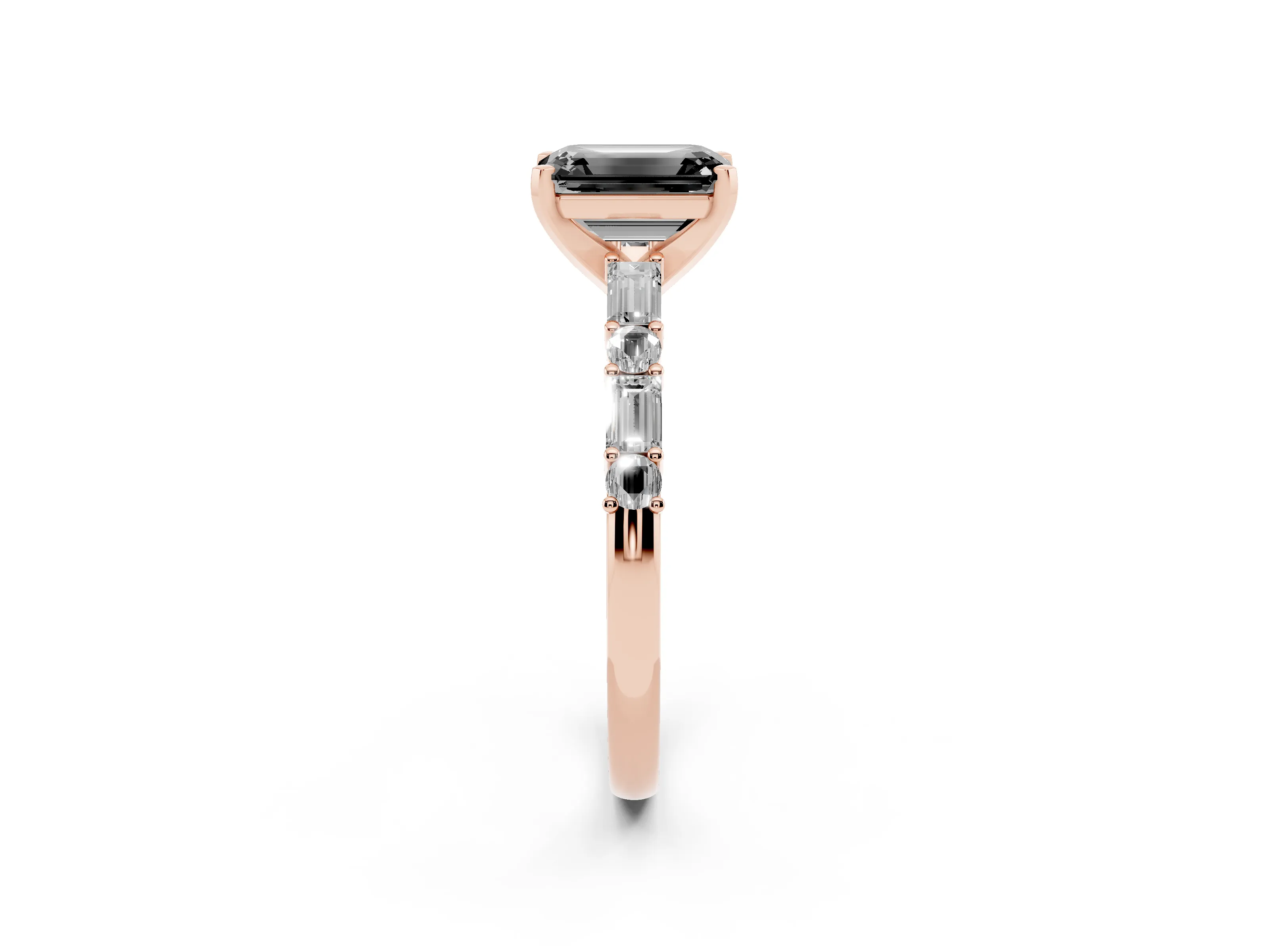Fancy Black Emerald Cut Diamond Solitaire Set in Rose gold with Side Baguettes and Channel Set Band