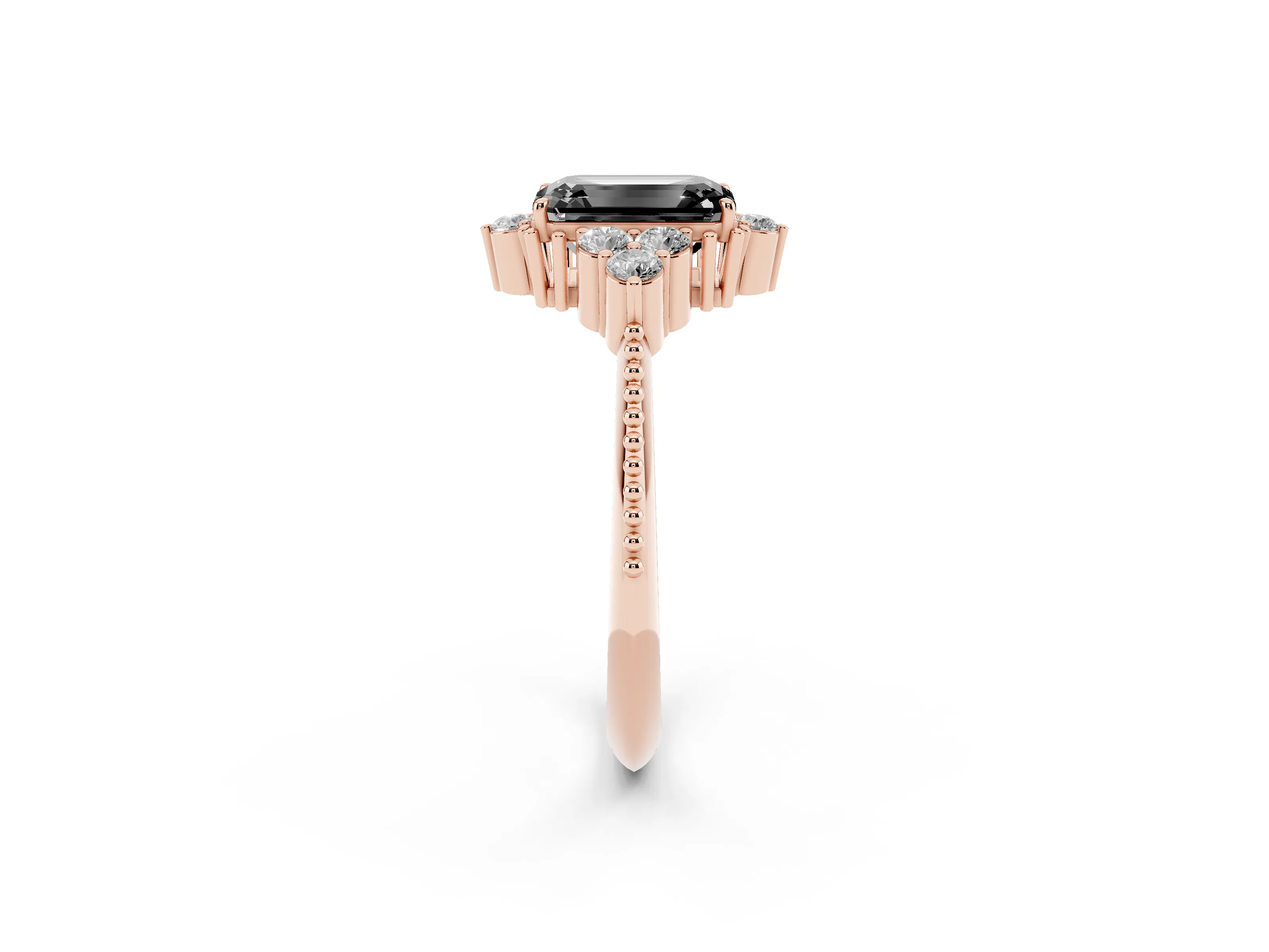 Fancy Black Emerald Cut Diamond Cluster Ring Set in Rose gold with Beaded Band