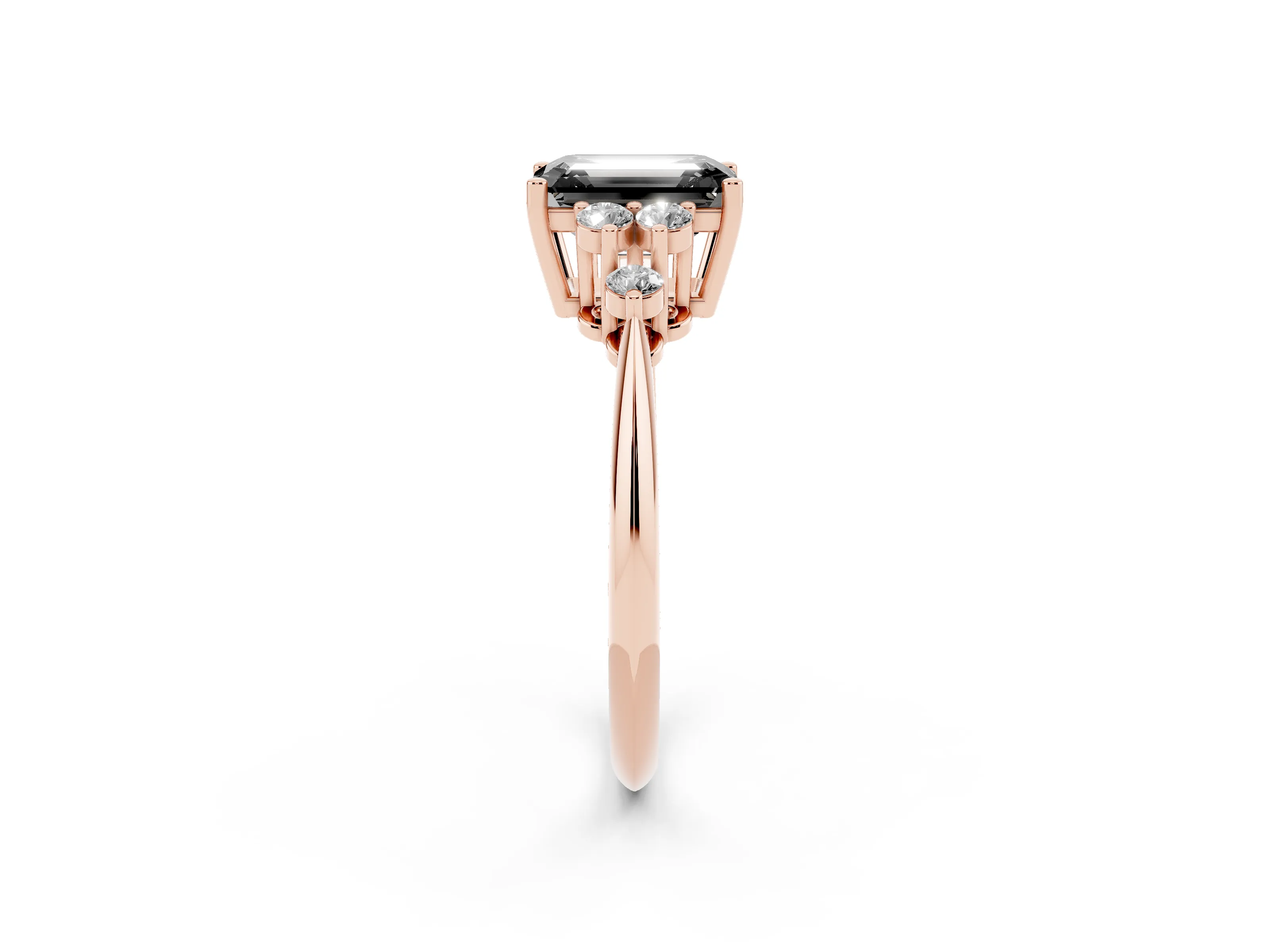 Fancy Black Emerald Cut Diamond Cluster Ring Set in Rose gold with Plain Band and Prong Setting