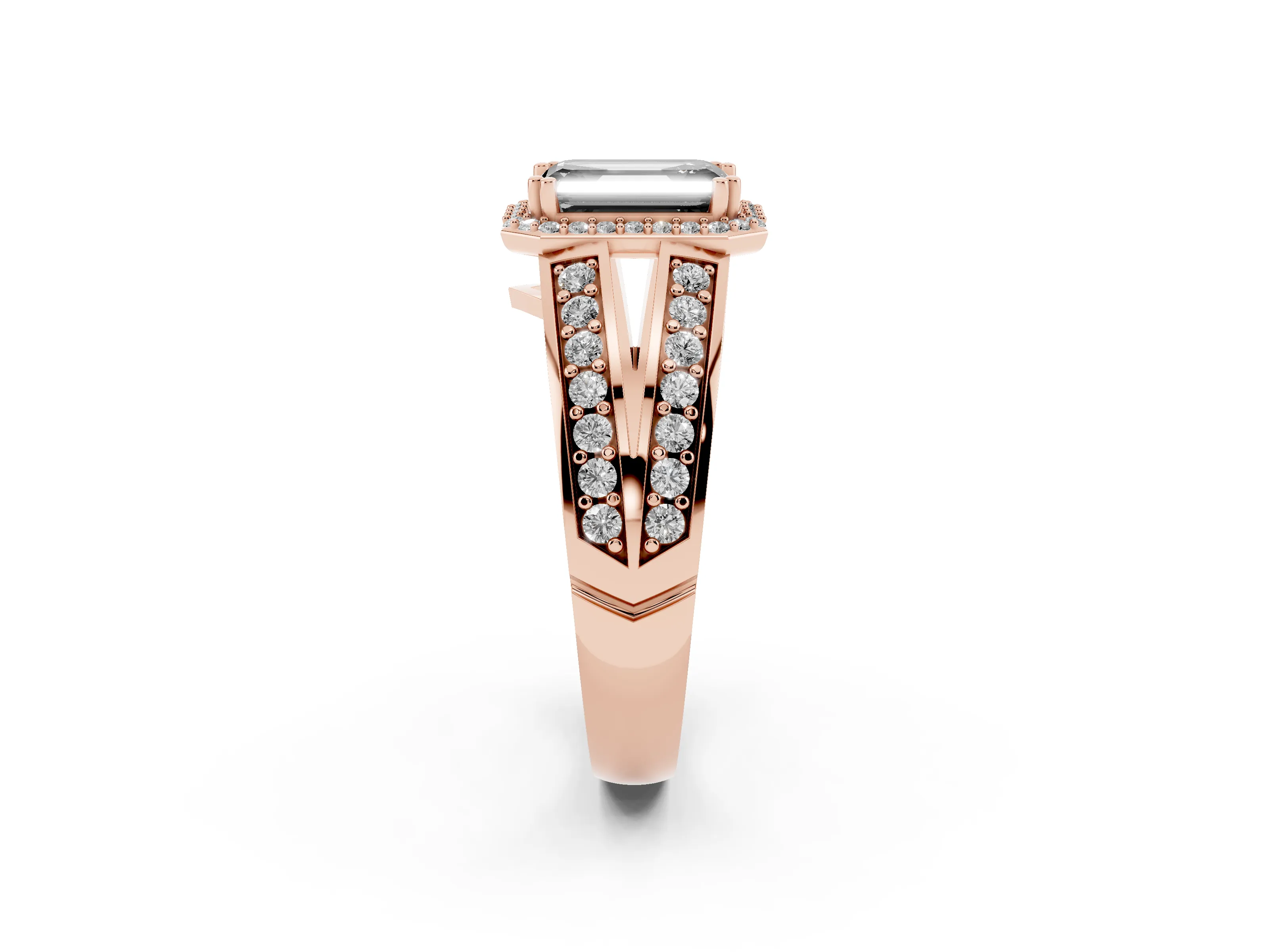 Fancy Black Emerald Cut Diamond Halo Ring Set in Rose gold with Double Pavé Split Shank