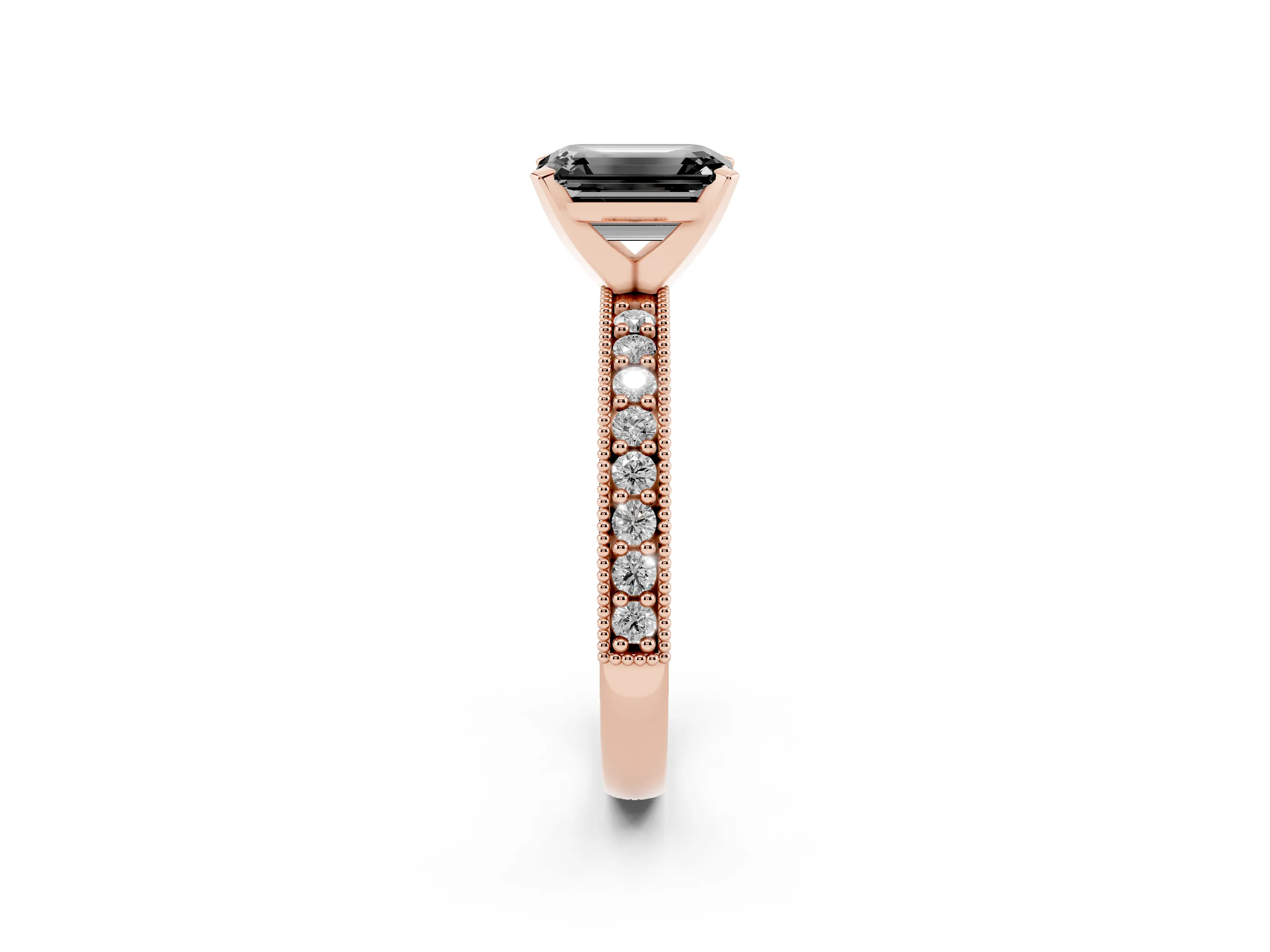 Fancy Black Emerald Cut Diamond Milgrain Pavé Engagement Ring Set in Rose gold with Prong Setting