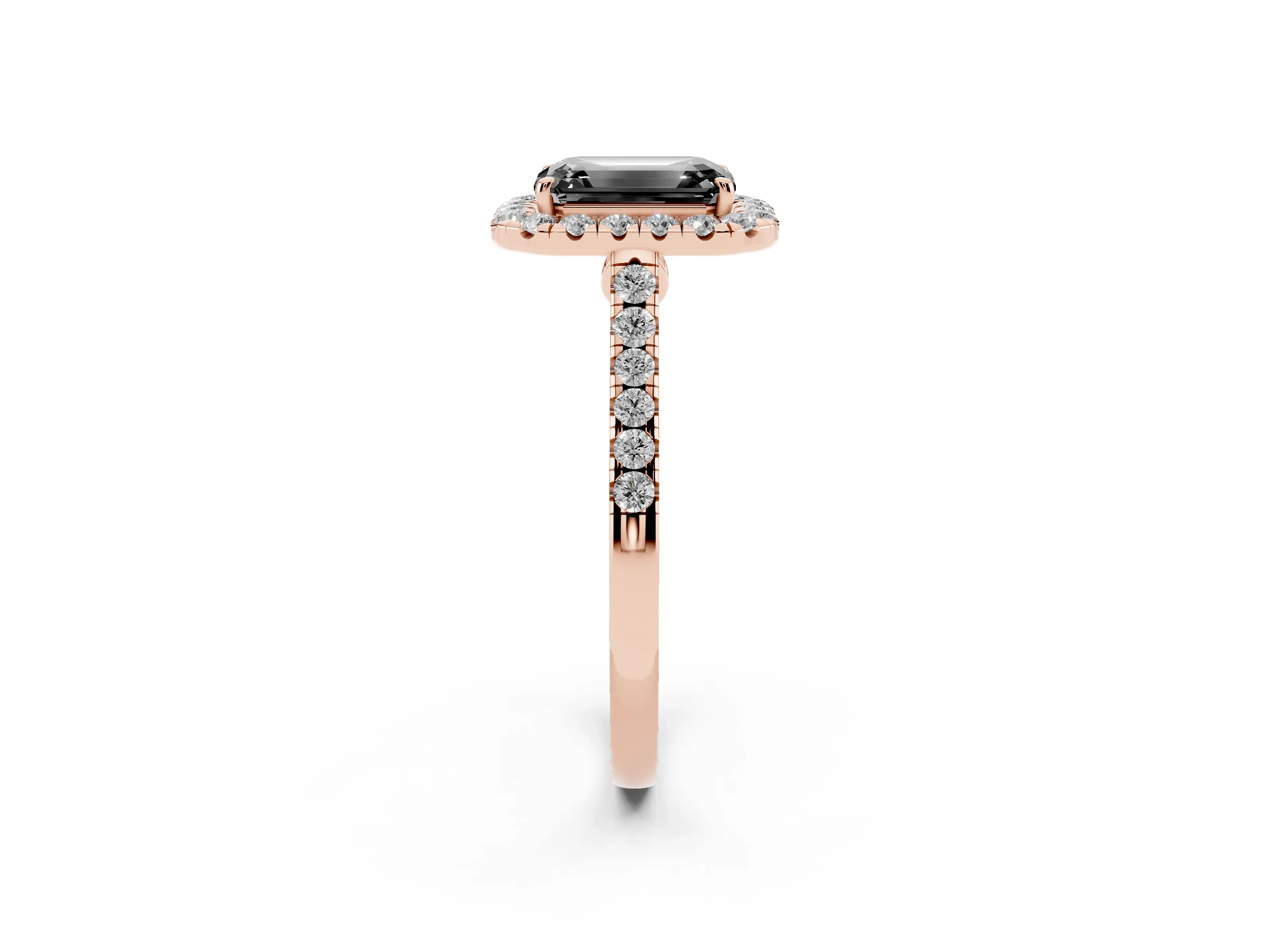 Fancy Black Emerald Cut Diamond Halo Pavé Engagement Ring Set in Rose gold with Prong Setting