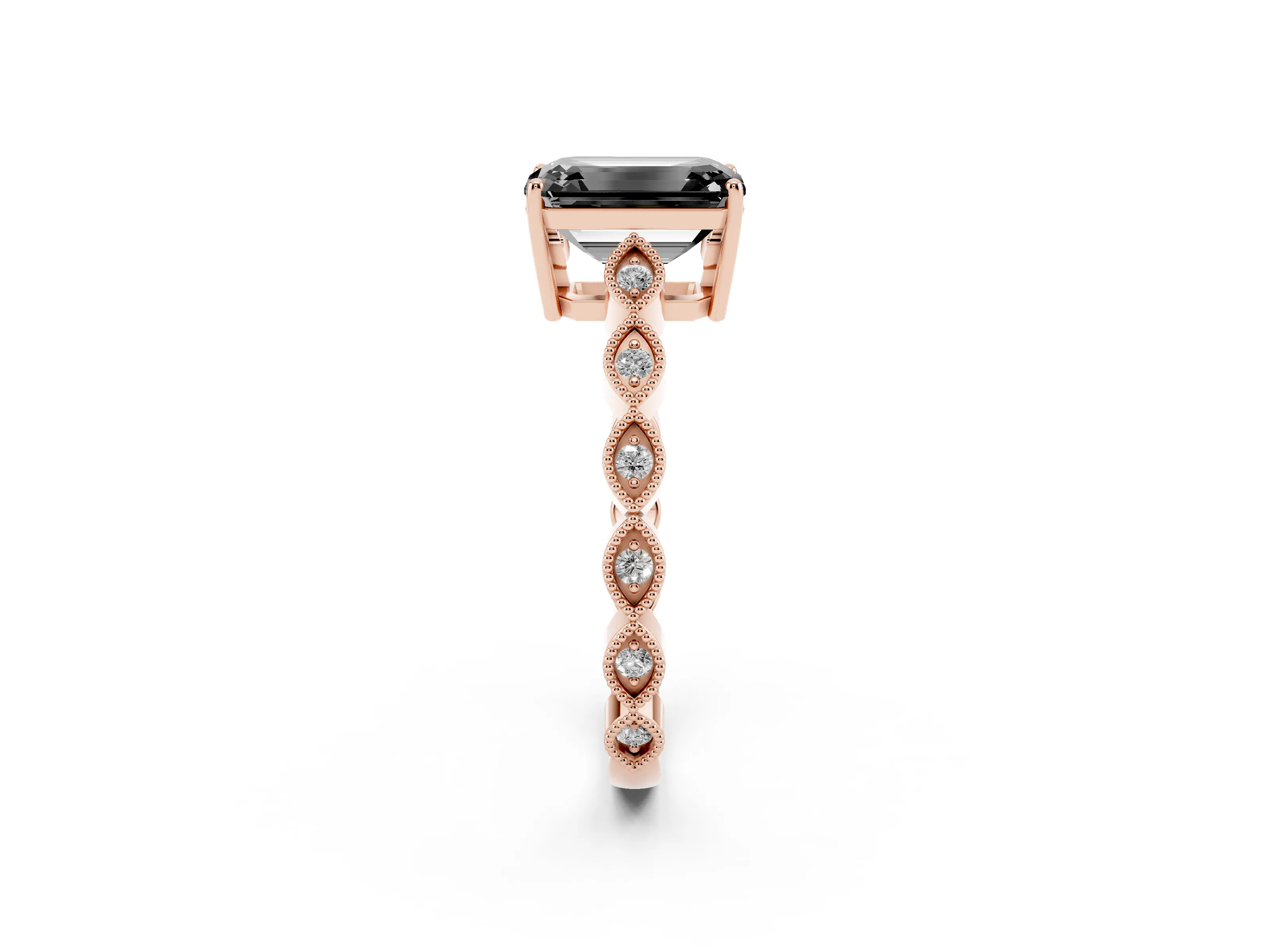 Fancy Black Emerald Cut Diamond Solitaire Ring Set in Rose gold with Infinity Twist Pavé Band