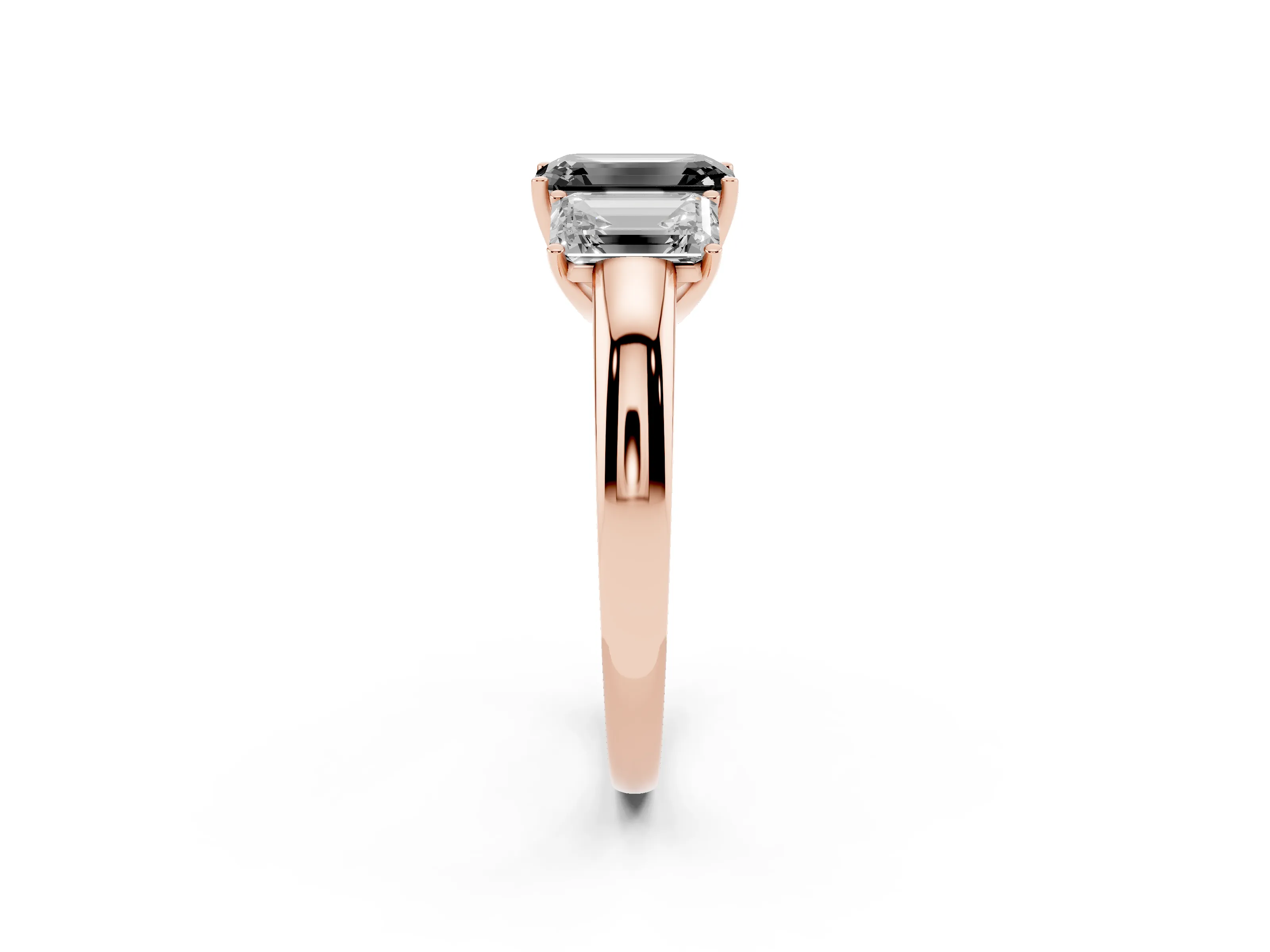 Fancy Black Emerald Cut Diamond Three-Stone Ring Set in Rose gold with Bold Center and Classic Band