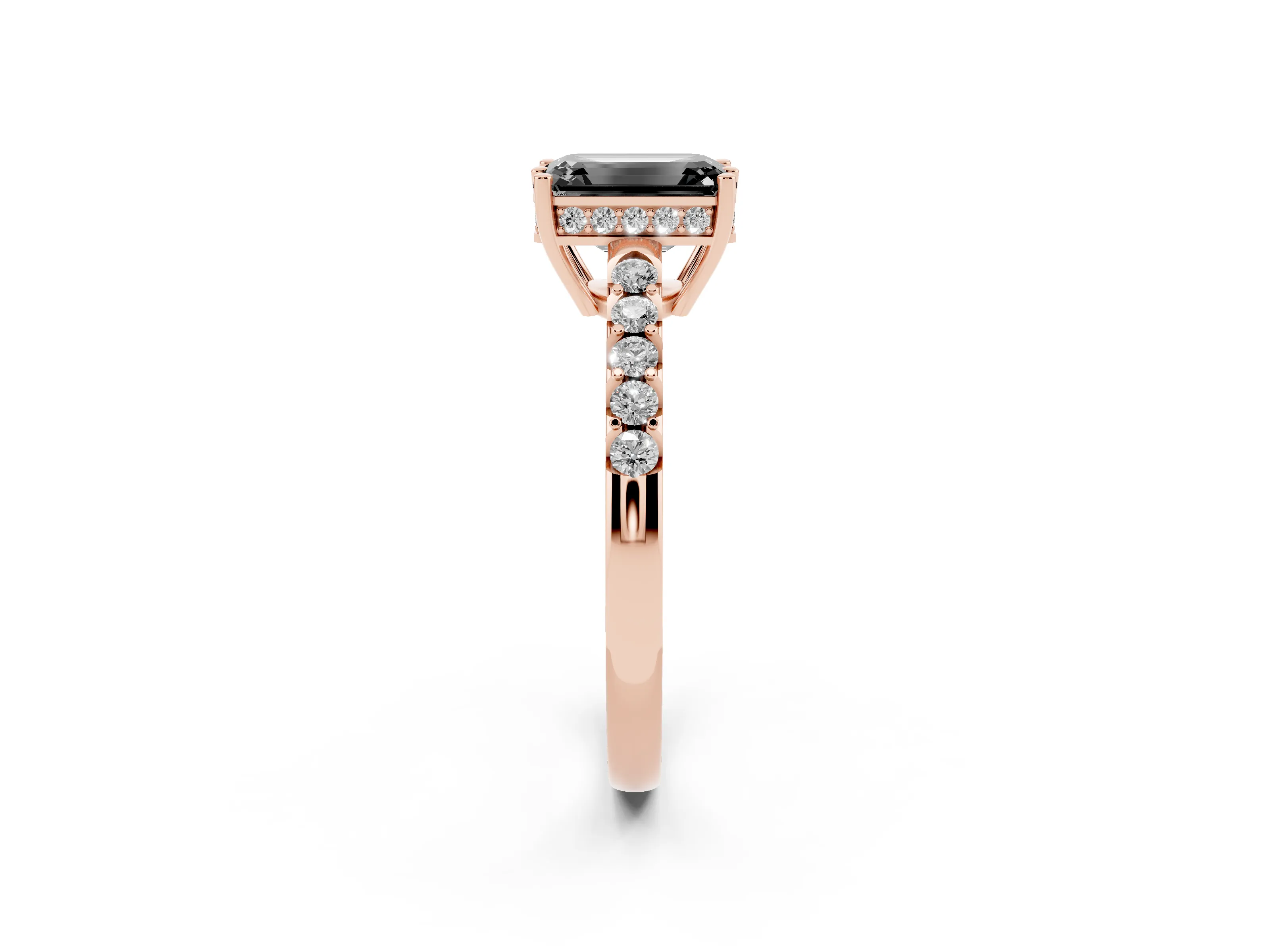 Fancy Black Emerald Cut Diamond Solitaire Engagement Ring Set in Rose gold with Pavé Band and Prong Setting