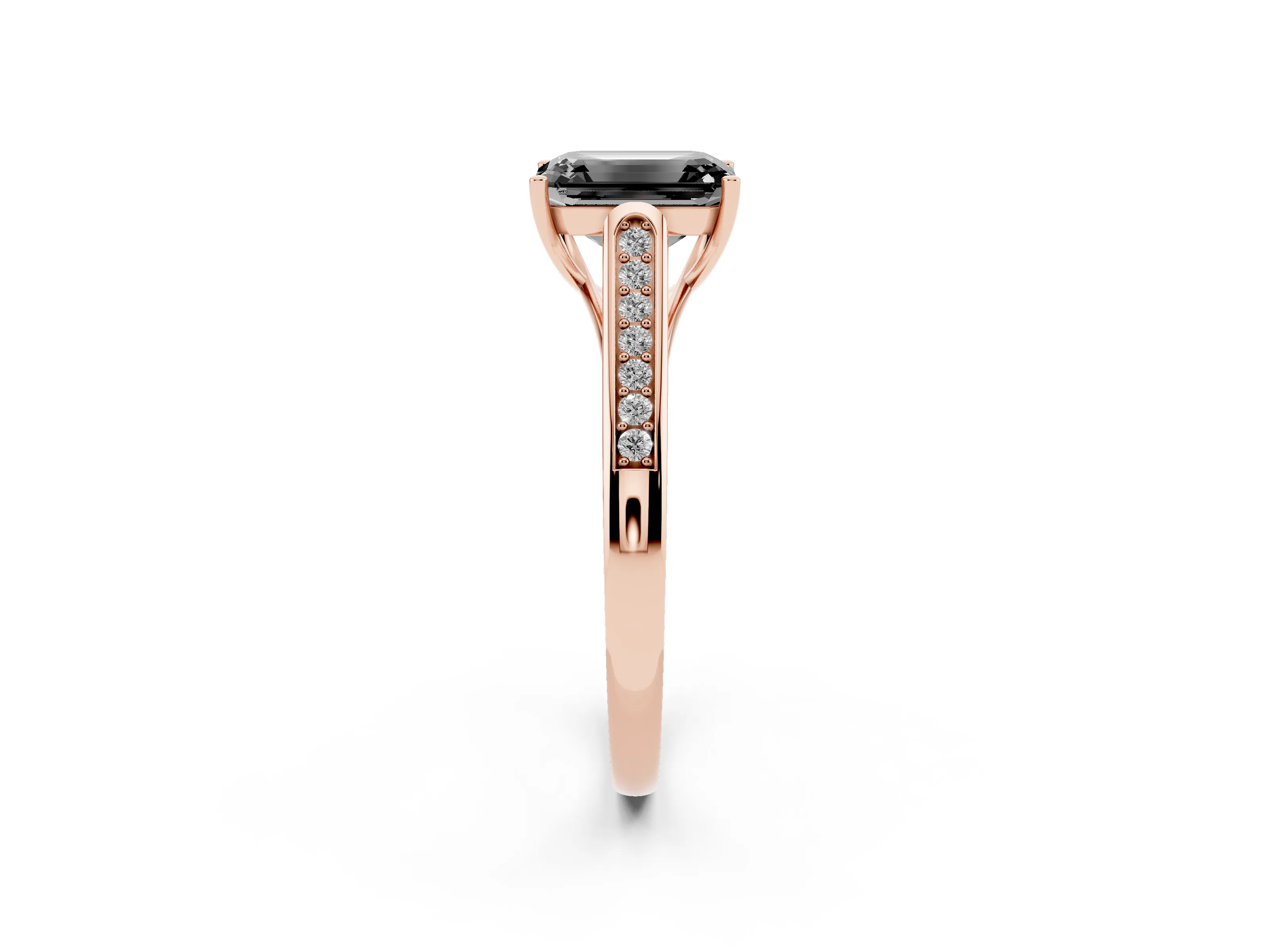 Fancy Black Emerald Cut Diamond Solitaire Cathedral Engagement Ring Set in Rose gold with Channel-Set Band and Prong Setting