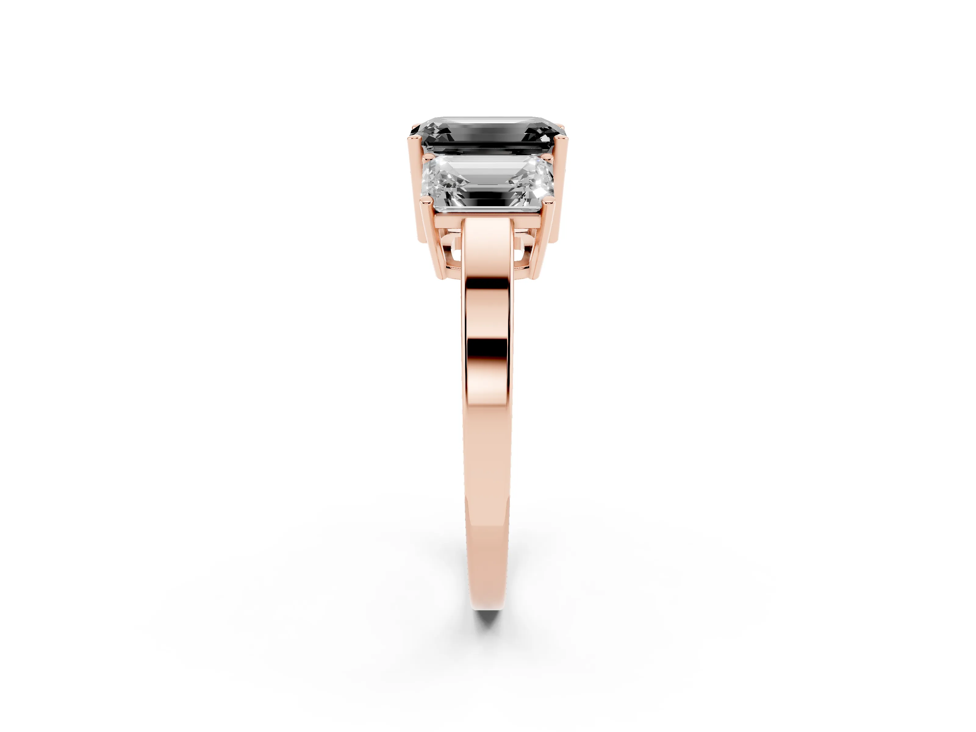 Fancy Black Emerald Cut Diamond Three-Stone Engagement Ring Set in Rose gold with Flat Band