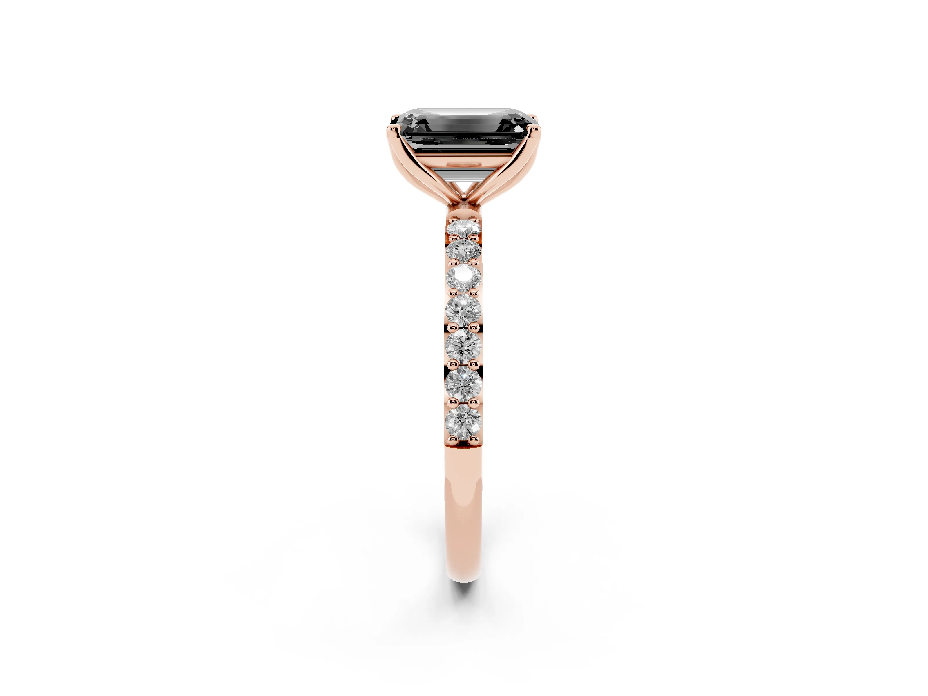 Fancy Black Emerald Cut Diamond Solitaire Engagement Ring Set in Rose gold with Round Pavé Band and Prong Setting