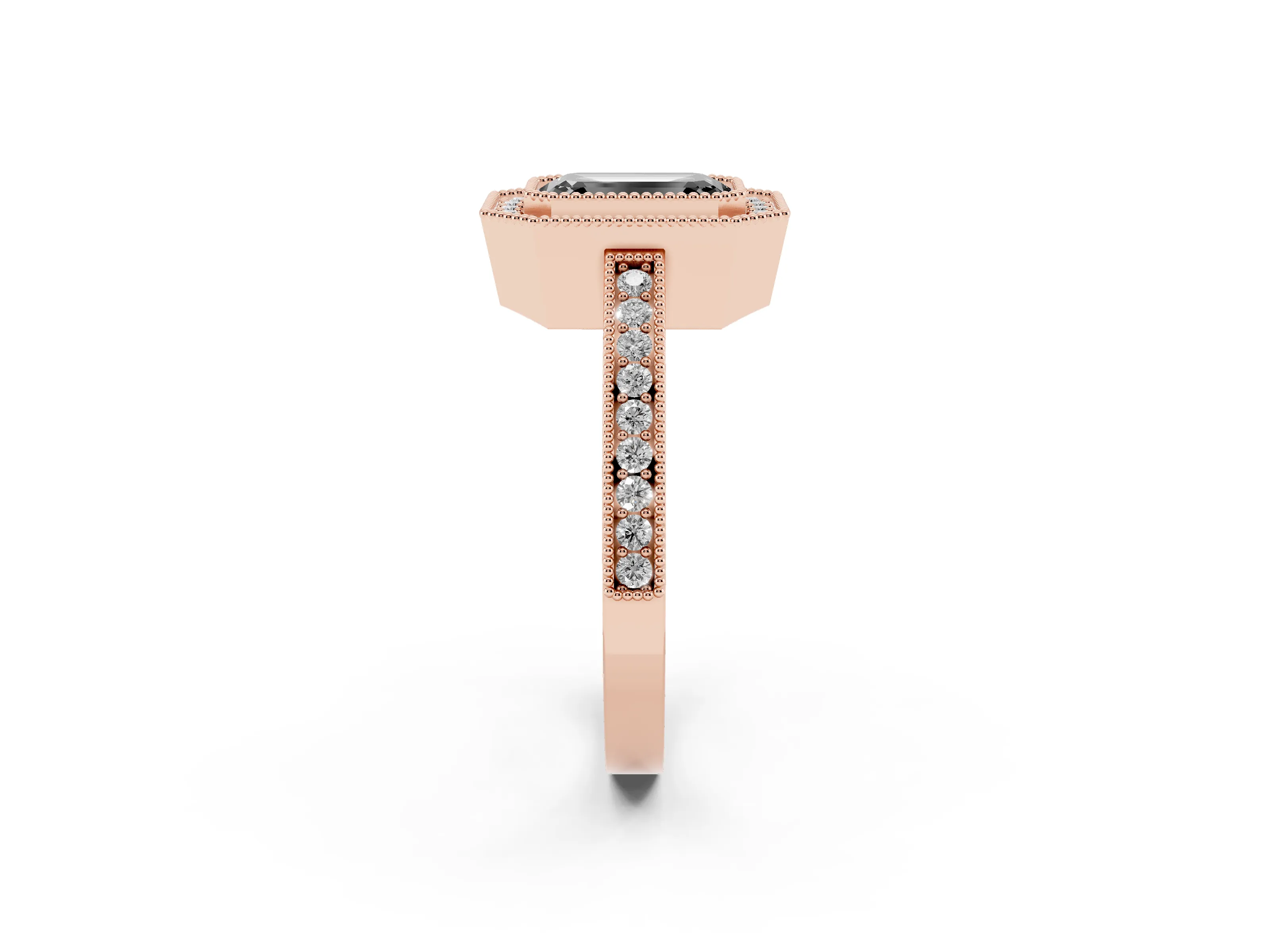 Fancy Black Emerald Cut Diamond Round Halo Ring Set in Rose gold with Pavé Band