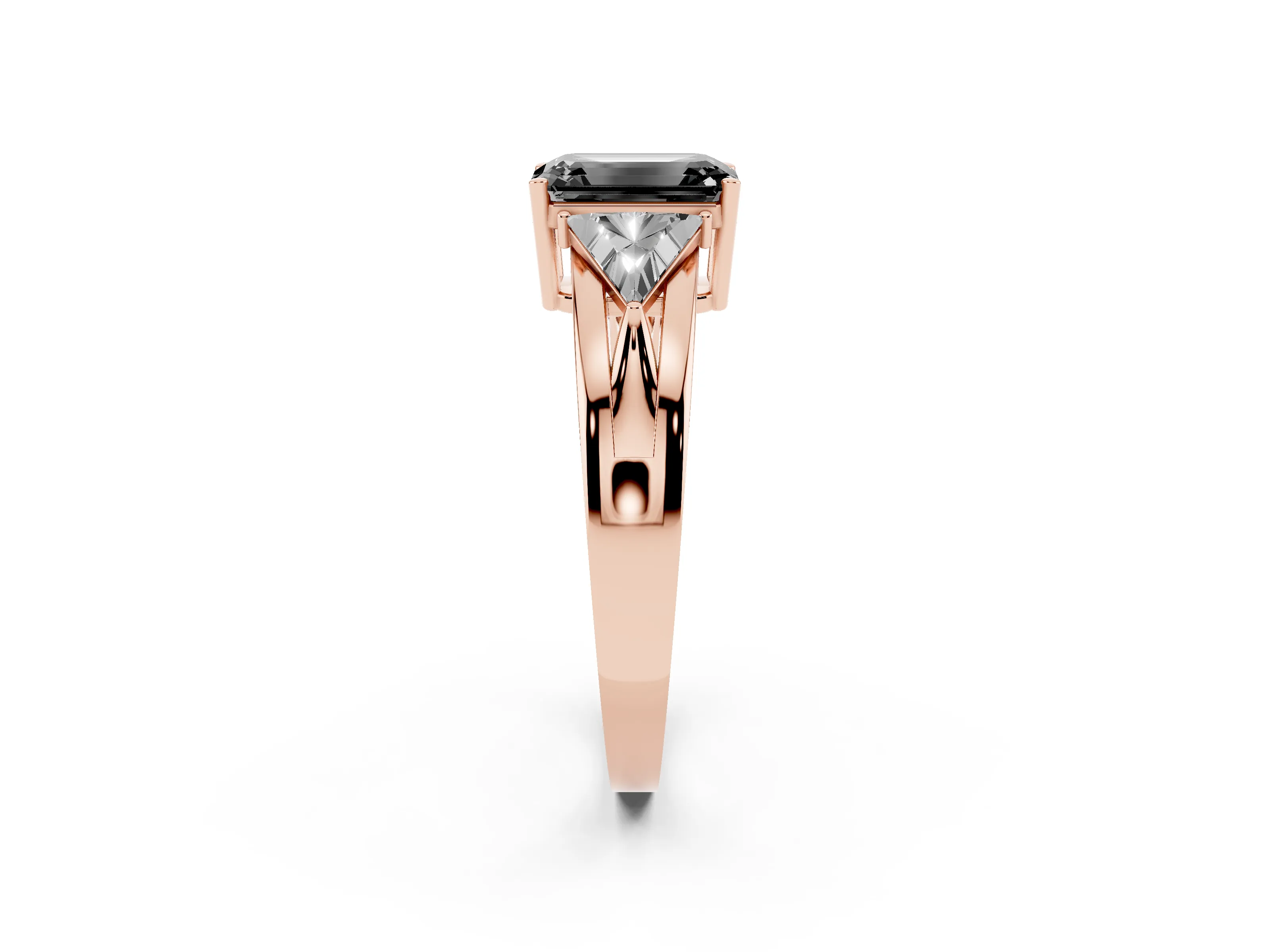 Fancy Black Emerald Cut Diamond Three-Stone Ring Set in Rose gold with Trillion Side Stones and Split Shank