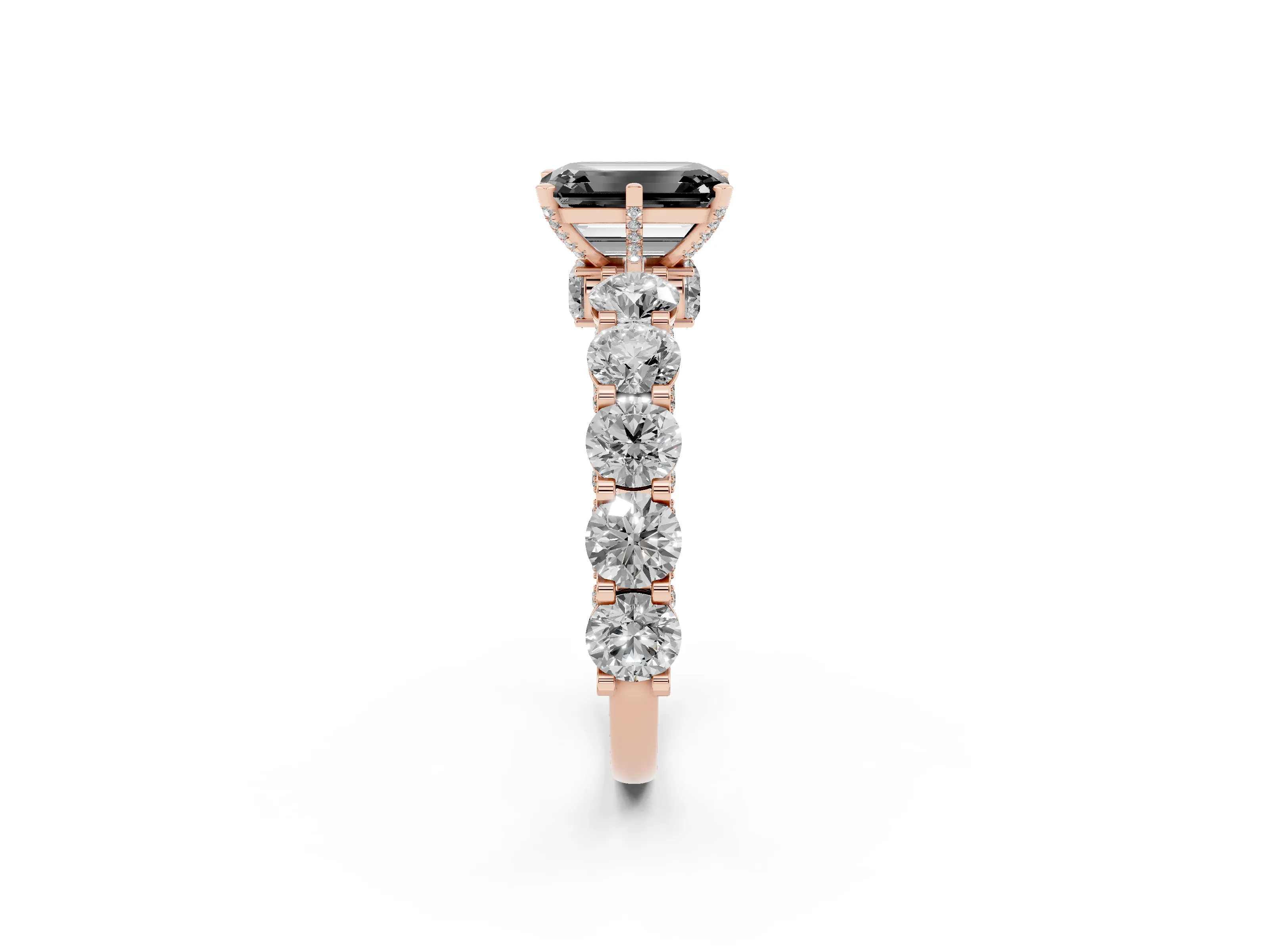 Fancy Black Emerald Cut Diamond Side Stone Ring Set in Rose gold with Alternating Round and Oval Side Stones