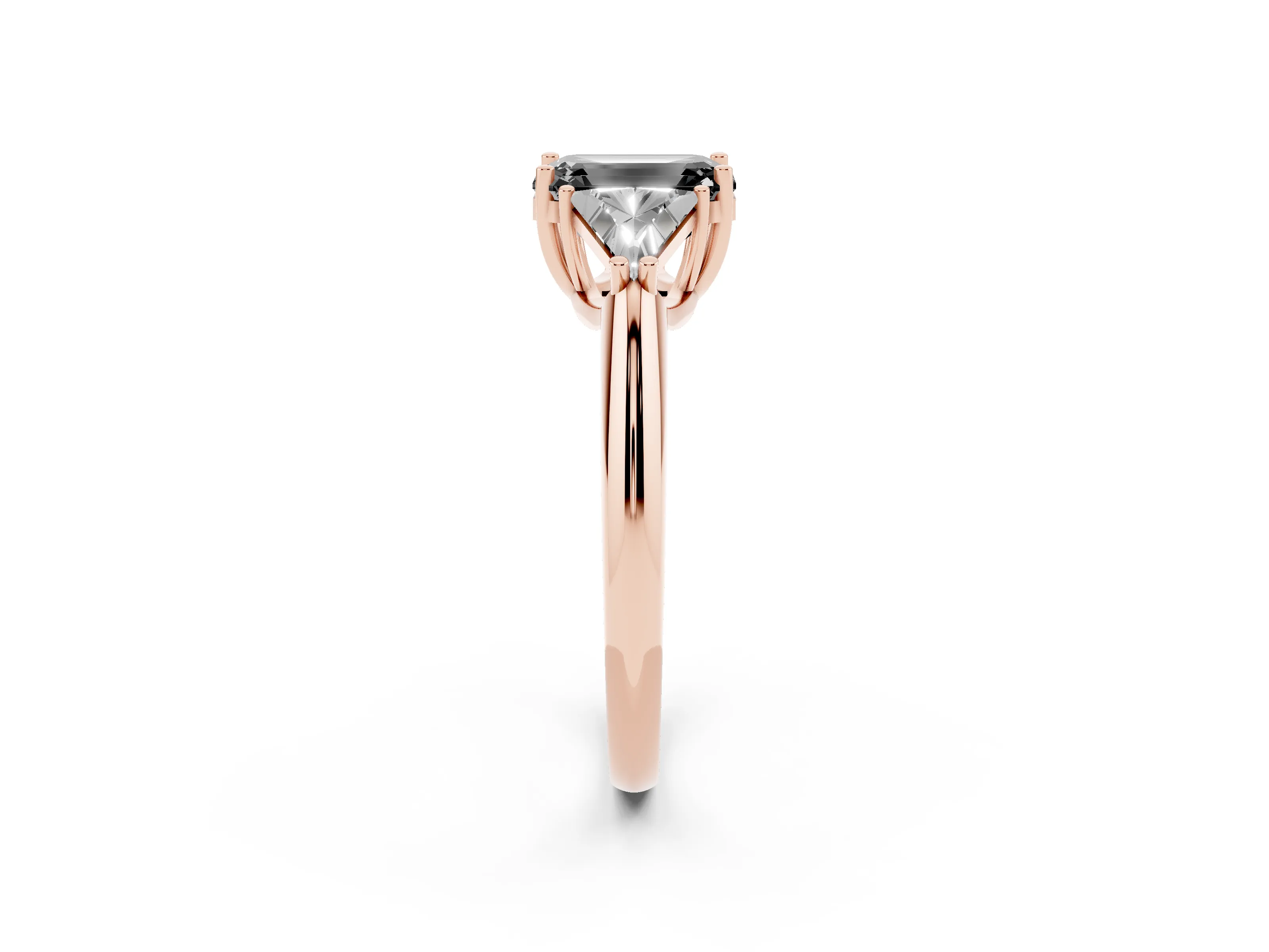 Fancy Black Emerald Cut Diamond Three-Stone Engagement Ring Set in Rose gold with Trillion Side Stones