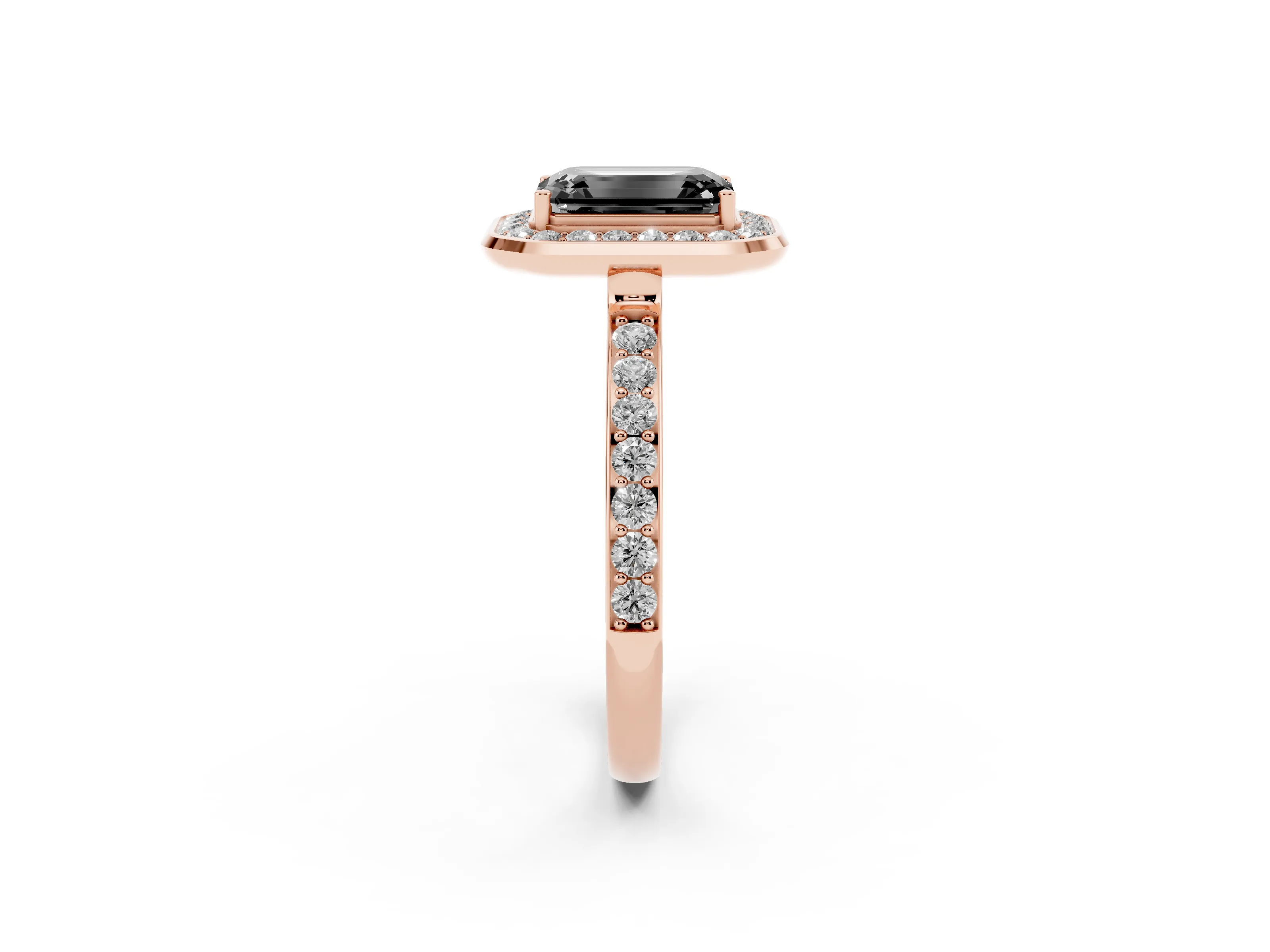 Fancy Black Emerald Cut Diamond Halo Ring Set in Rose gold with Bezel Frame and Pavé Band