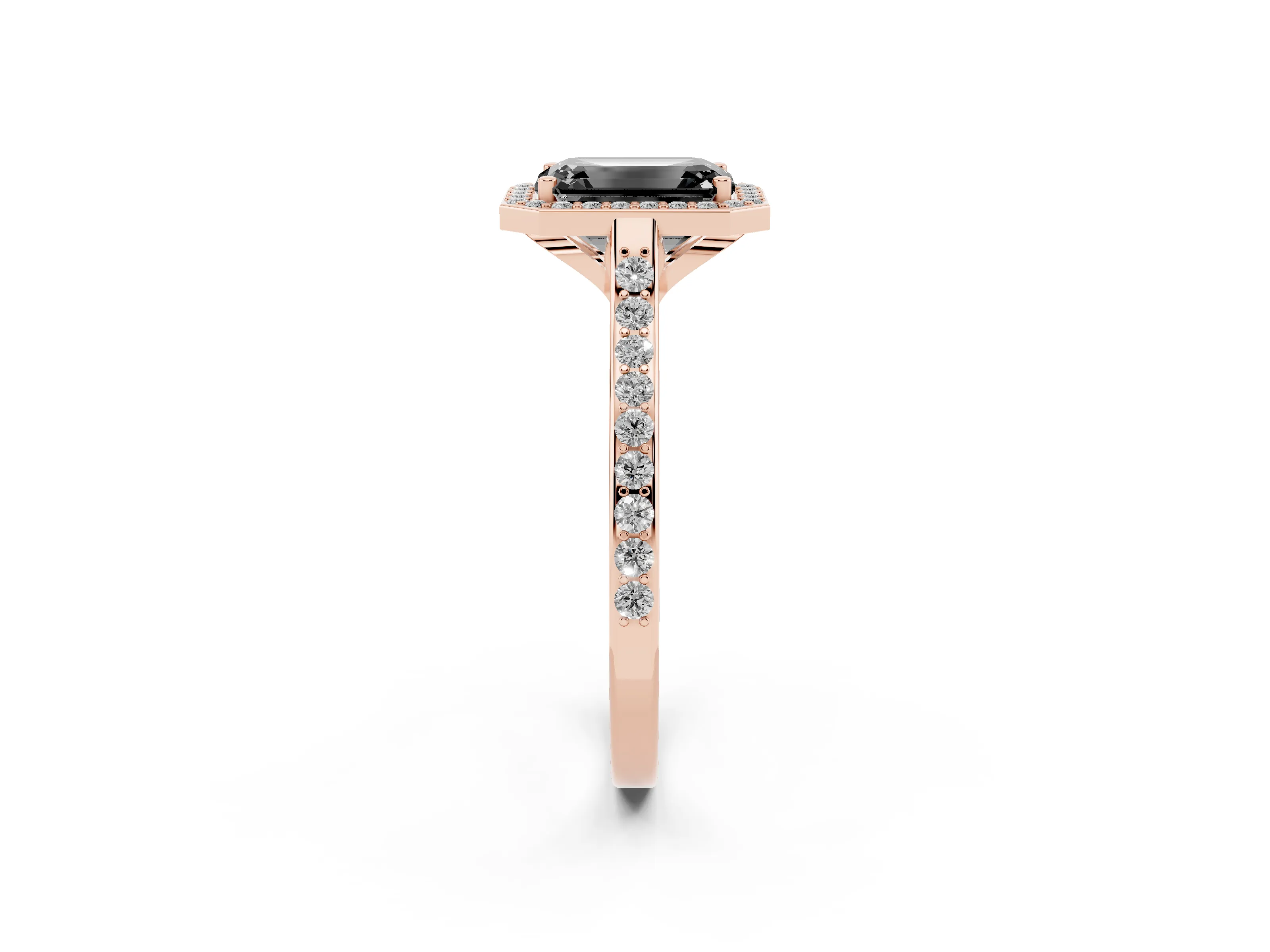Fancy Black Emerald Cut Diamond Halo Engagement Ring Set in Rose gold with Round Pavé Shoulders and Heart Gallery