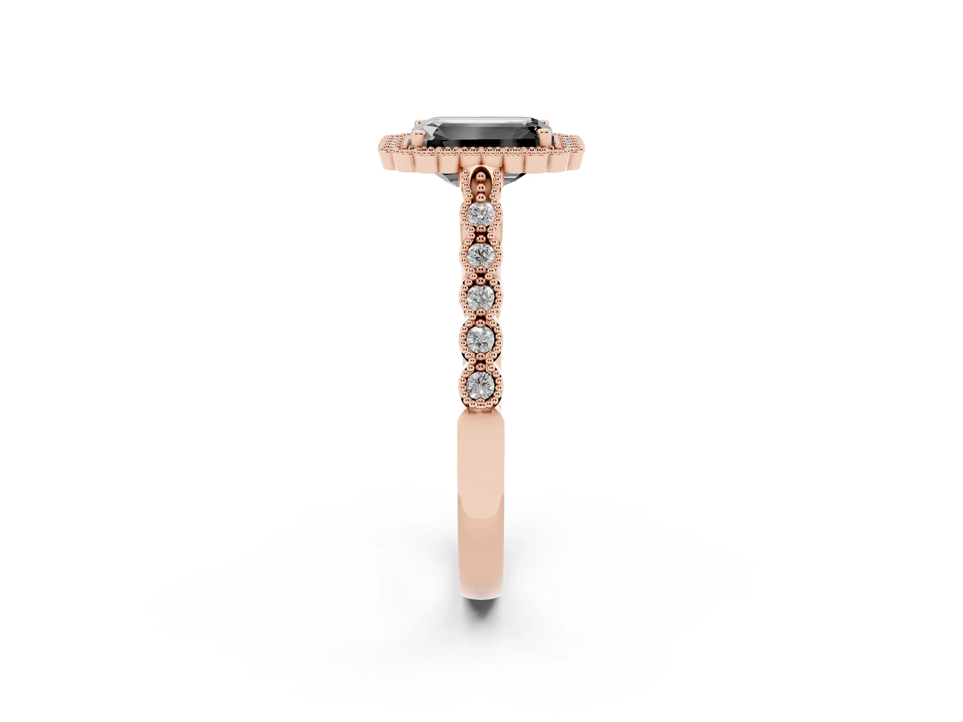 Fancy Black Emerald Cut Diamond Halo Ring Set in Rose gold with Pavé Milgrain Band