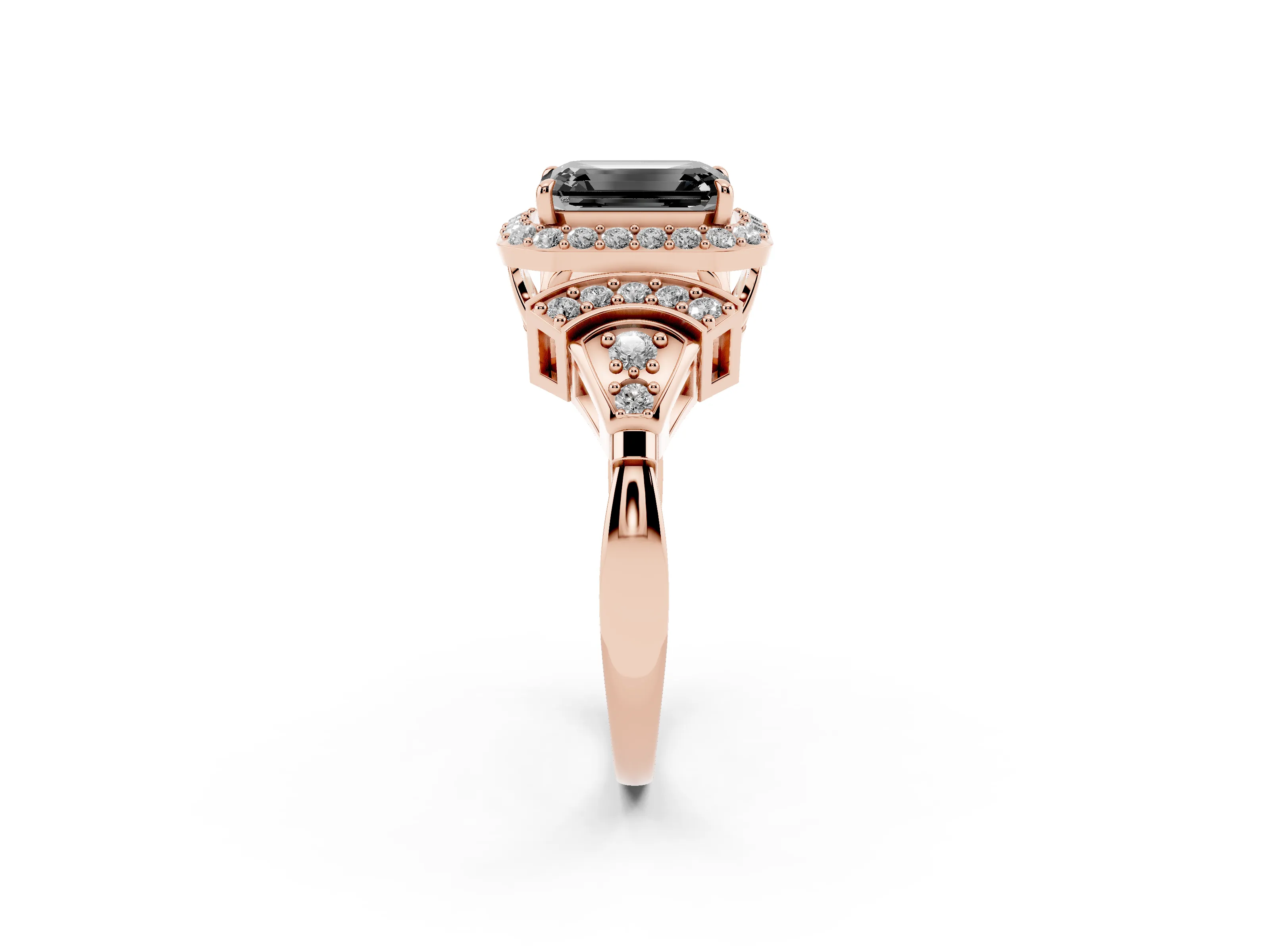 Fancy Black Emerald Cut Diamond Halo Engagement Ring Set in Rose gold with Accent Stone Split Shank