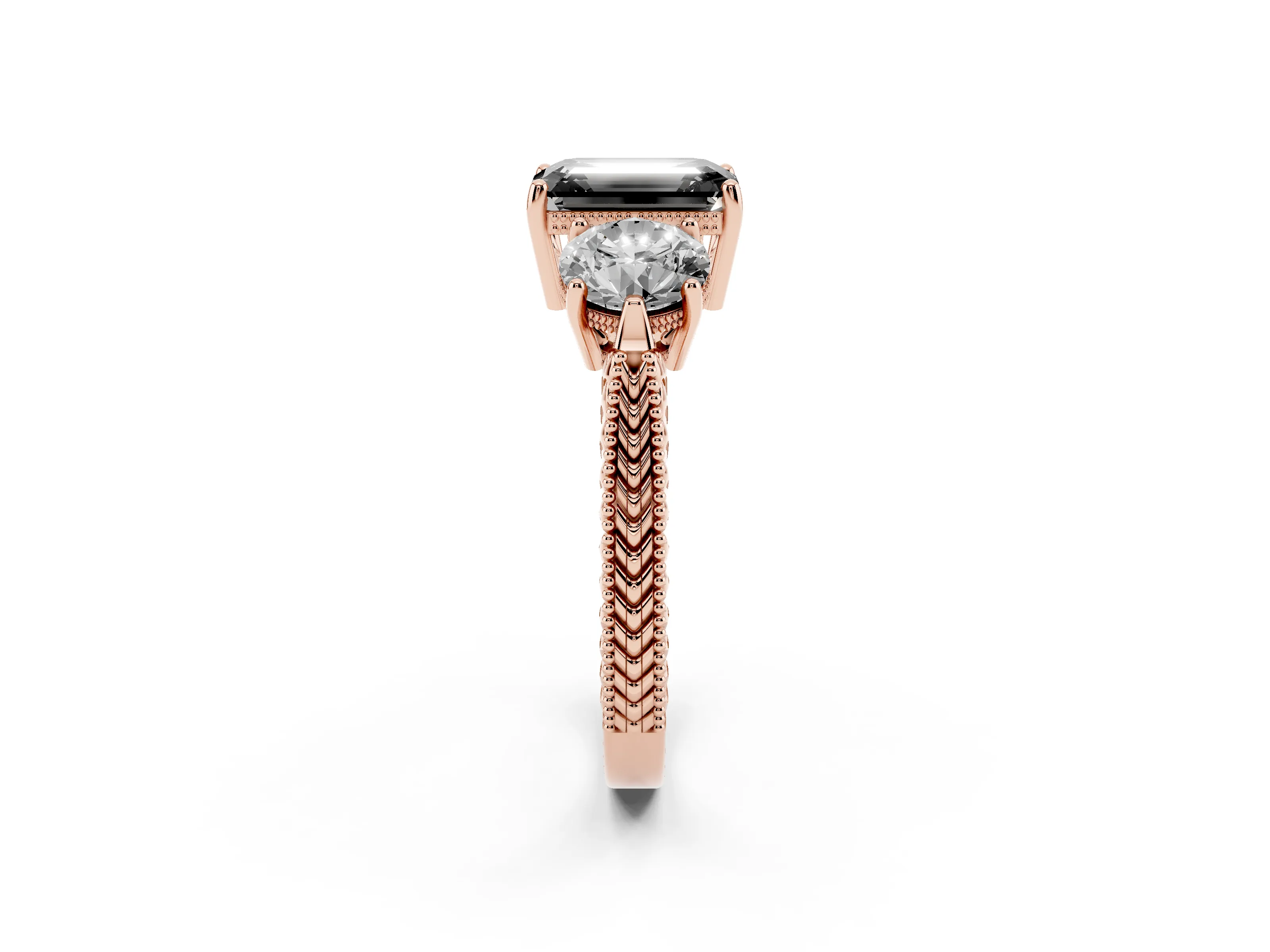 Fancy Black Emerald Cut Diamond Three-Stone Ring Set in Rose gold with Milgrain Band