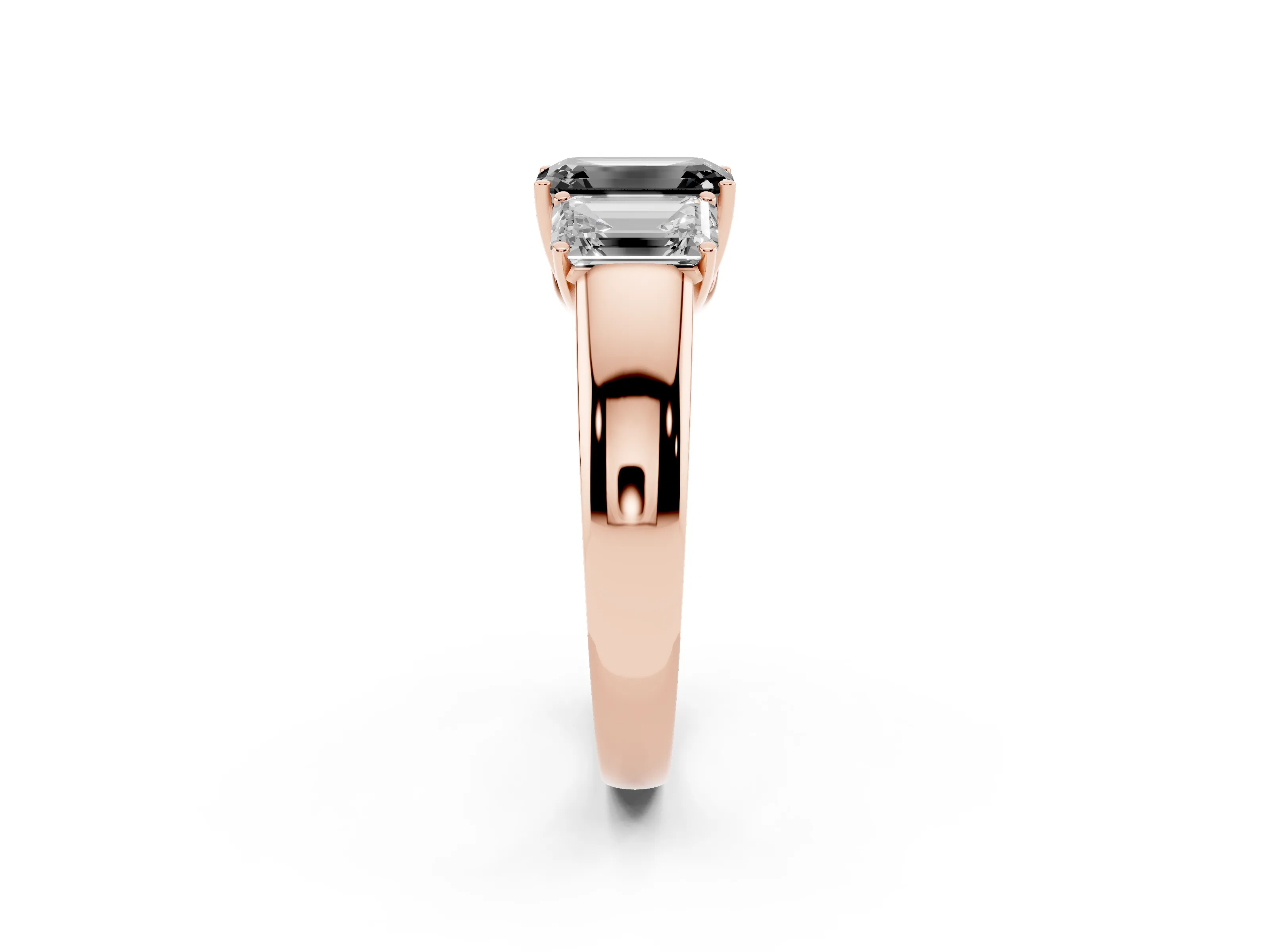 Fancy Black Three-Stone Emerald Cut Diamond Ring Set in Rose gold with Matching Prong Settings and Plain Band