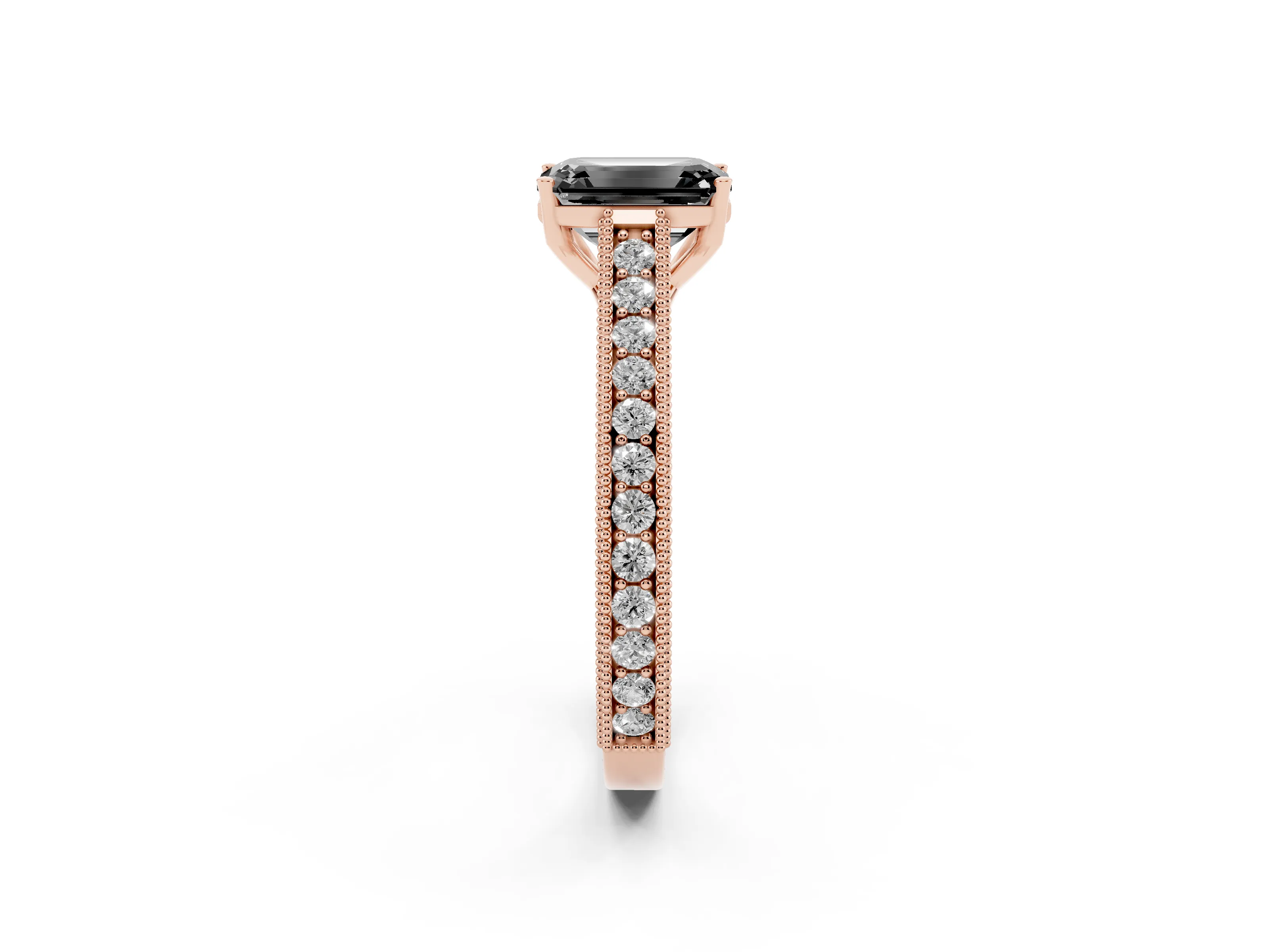 Fancy Black Emerald Cut Diamond Milgrain Pavé Band Solitaire Ring Set in Rose gold with Prong Setting