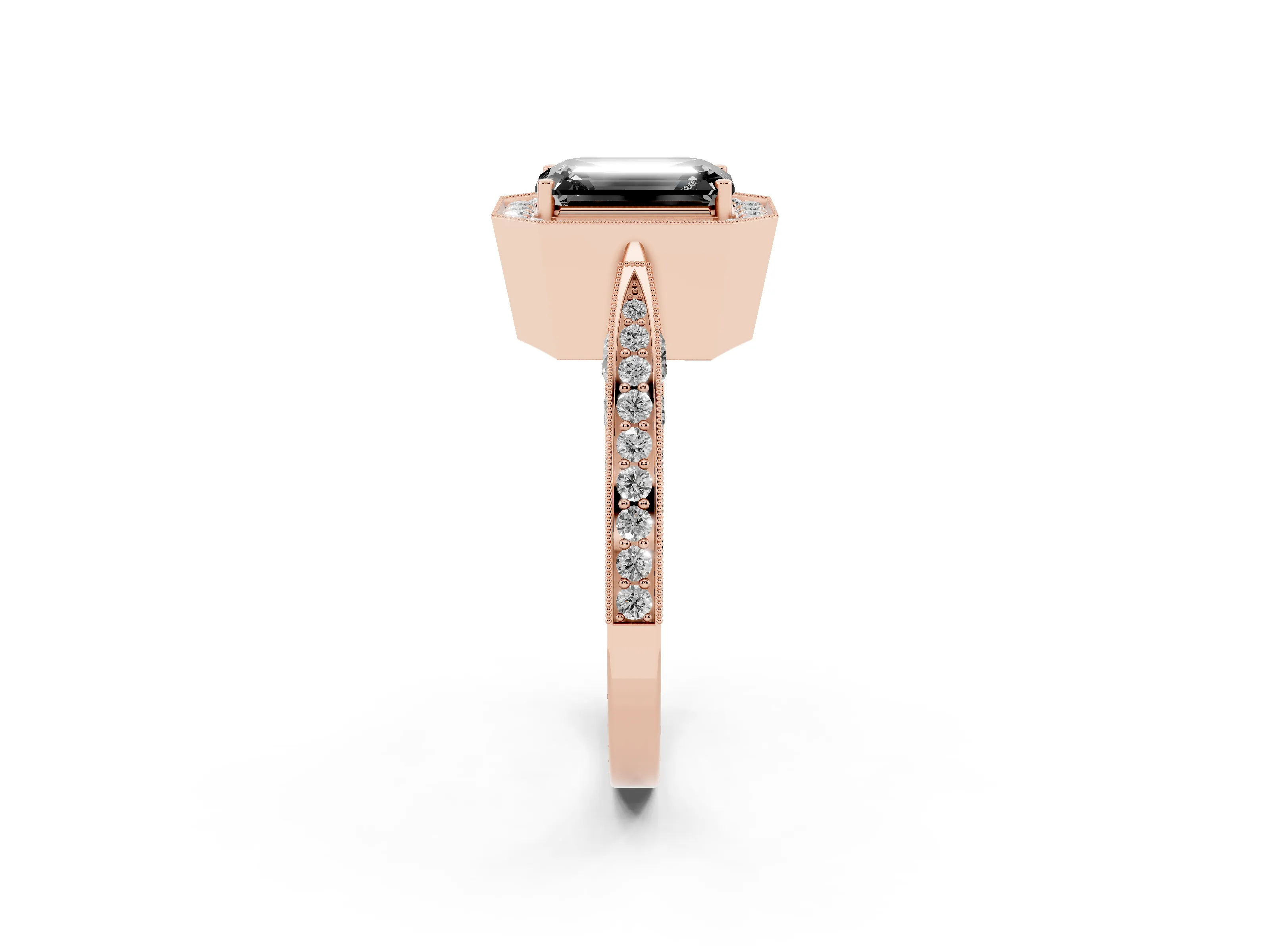 Fancy Black Emerald Cut Diamond Halo Engagement Ring Set in Rose gold with Accent Split Shank Band