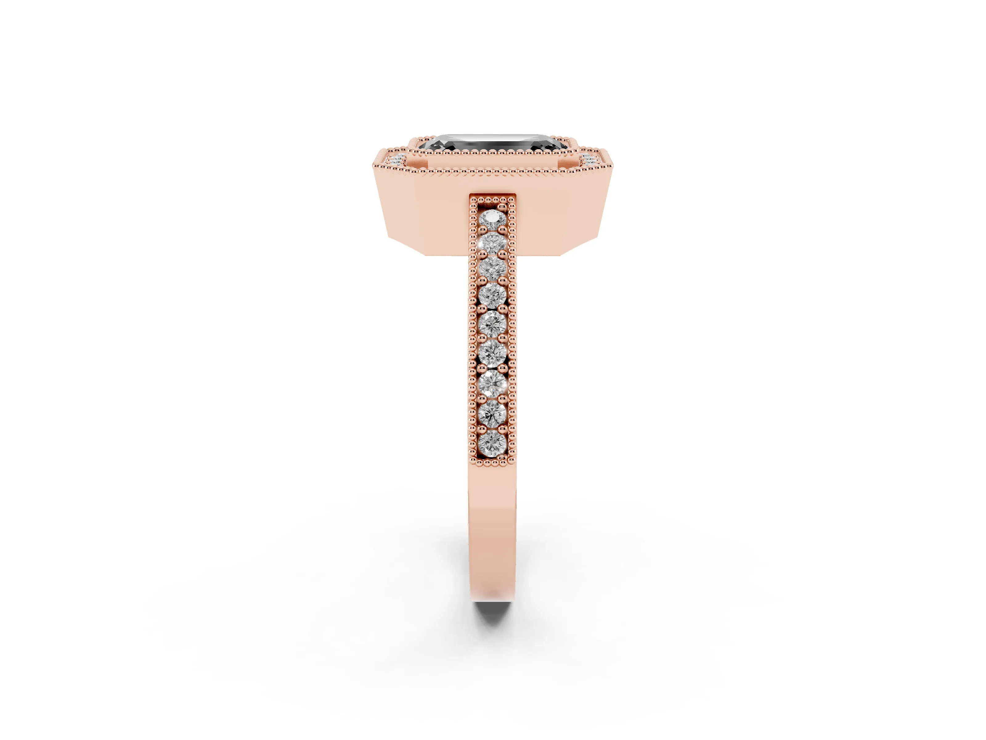Fancy Black Emerald Cut Diamond Halo Engagement Ring Set in Rose gold with Pavé Band and Round Halo Stones