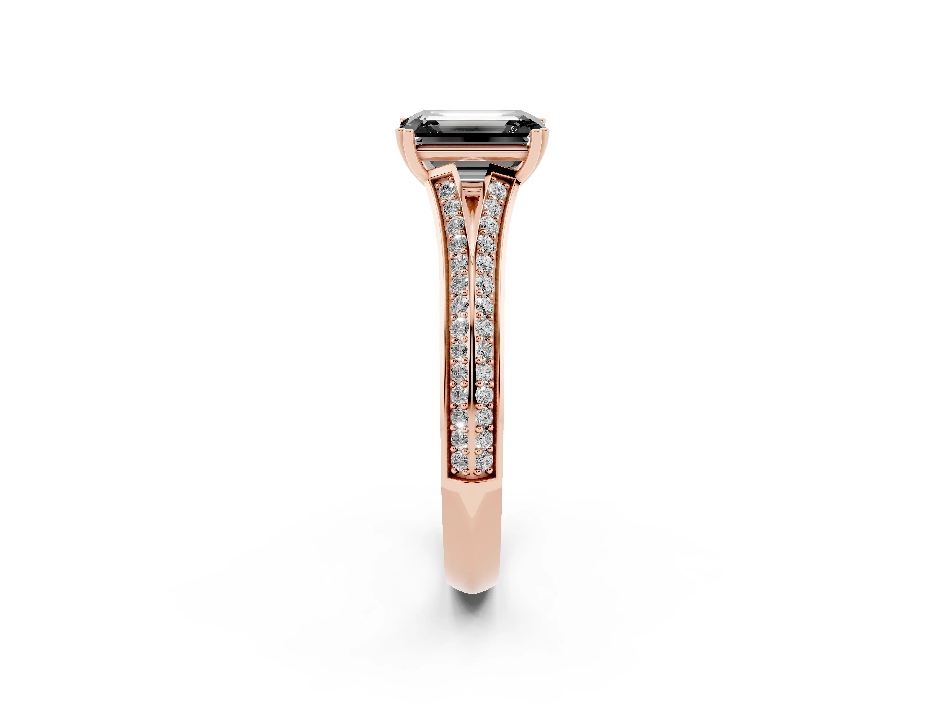 Fancy Black Emerald Cut Diamond Split Shank Pavé Engagement Ring Set in Rose gold with Prong-Set Center Stone