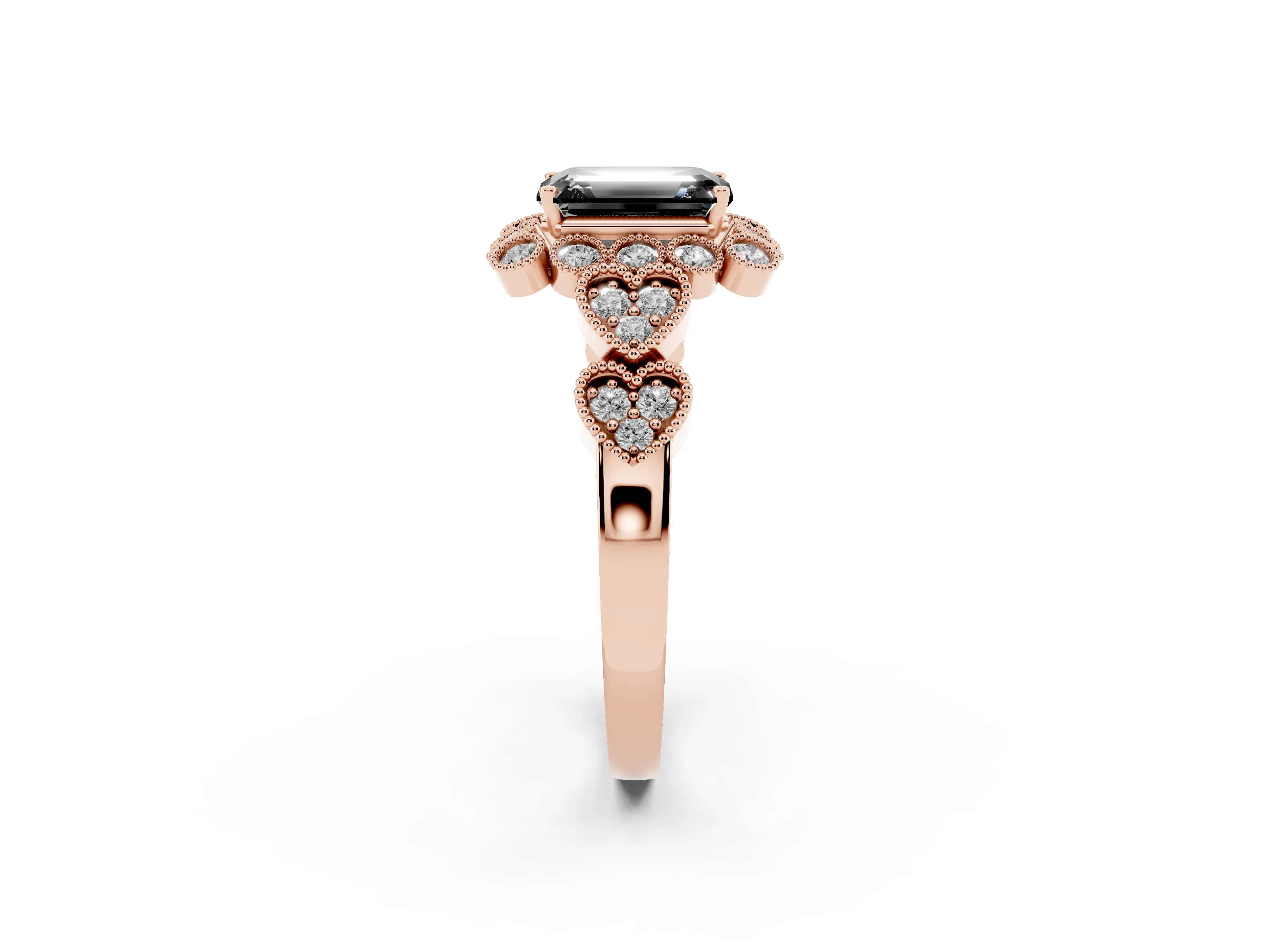 Fancy Black Emerald Cut Diamond Solitaire Ring Set in Rose gold with Milgrain Pavé Heart Band