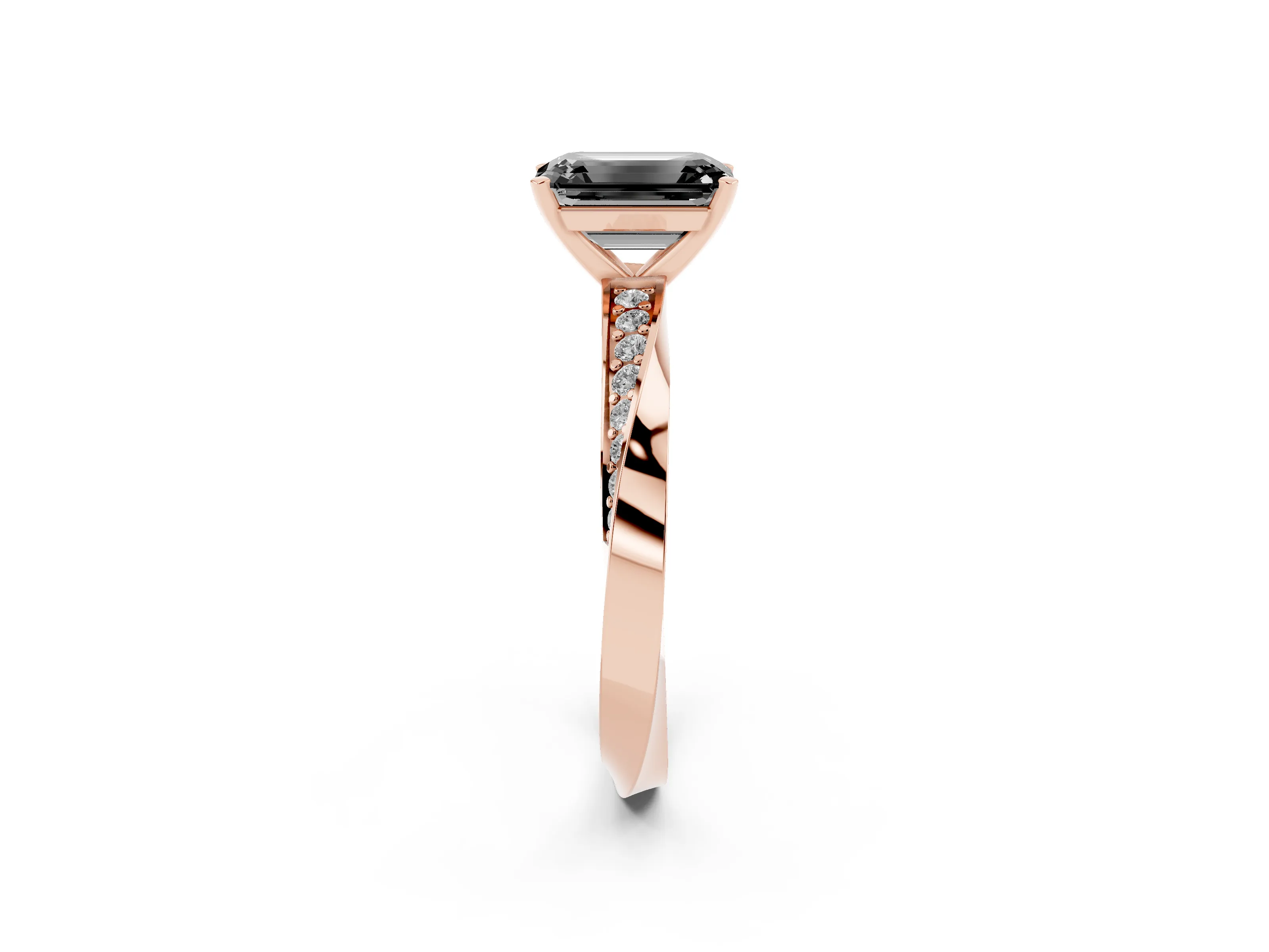 Fancy Black Emerald Cut Diamond Engagement Ring Set in Rose gold with Side Stone Accents and Prong Setting