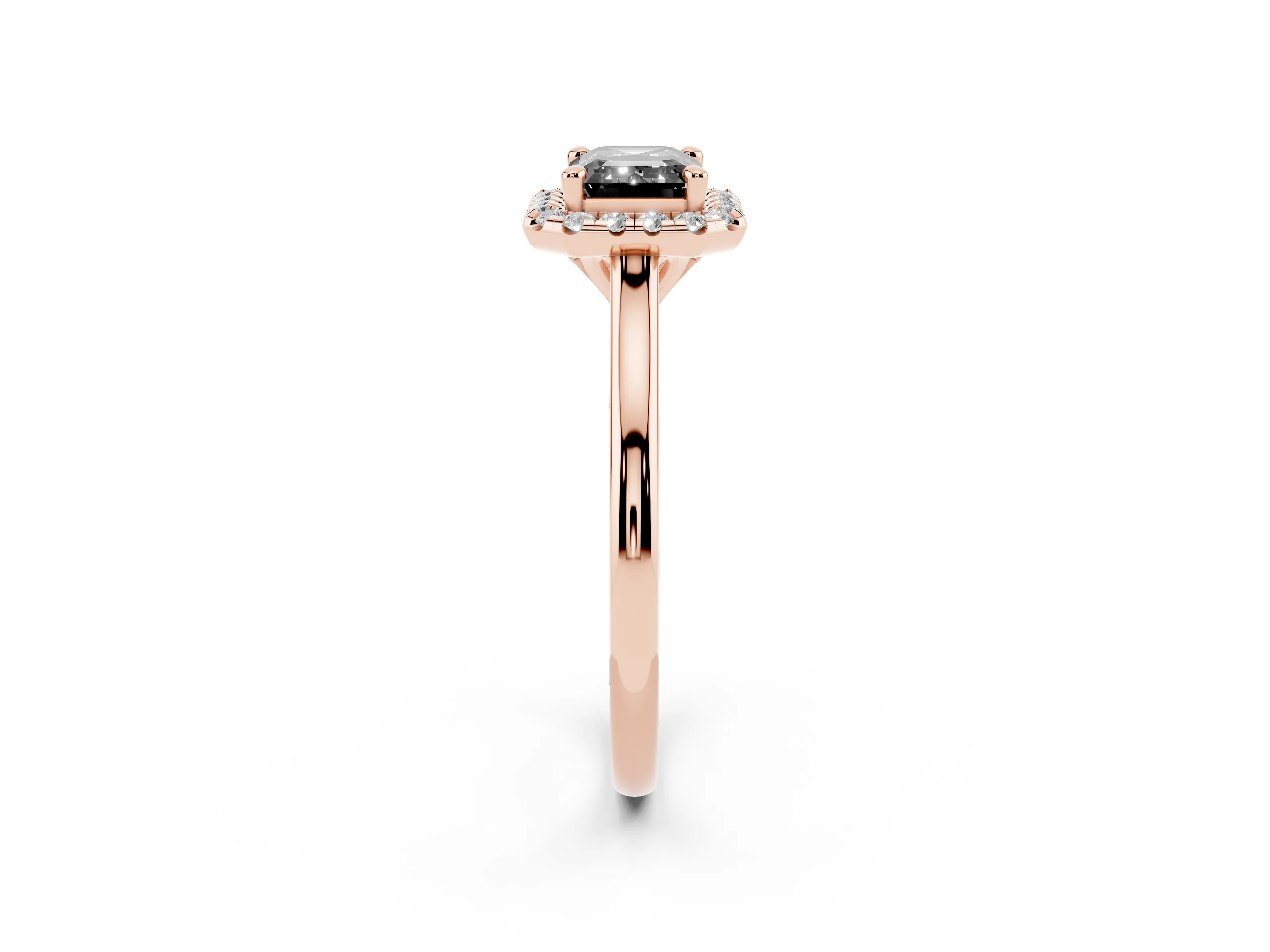 Fancy Black Emerald Cut Diamond Halo Engagement Ring Set in Rose gold with Pavé Band and Rising Shoulders