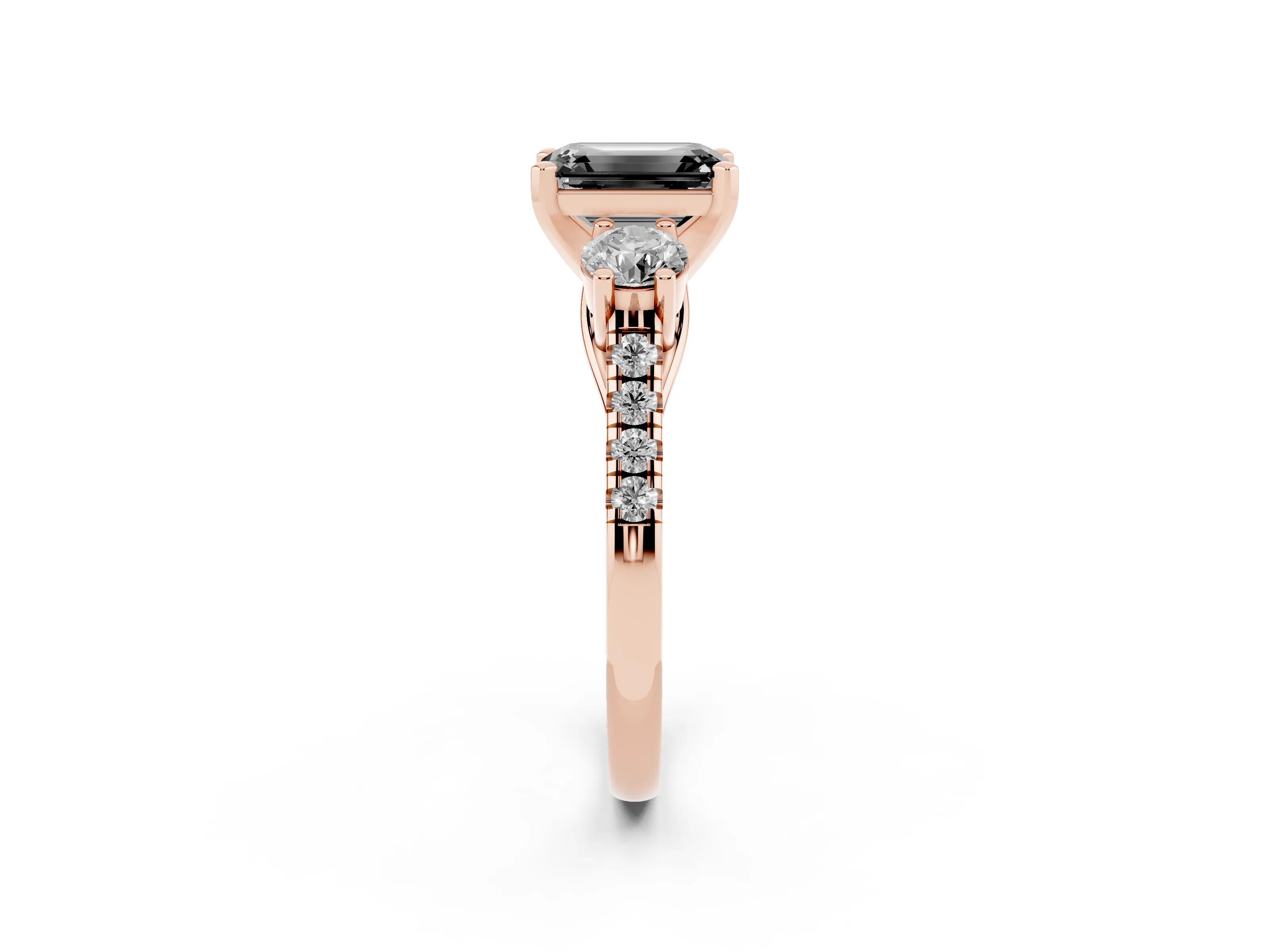 Fancy Black Three-Stone Emerald Cut Diamond Pavé Band Ring Set in Rose gold with Prong-Set Trio