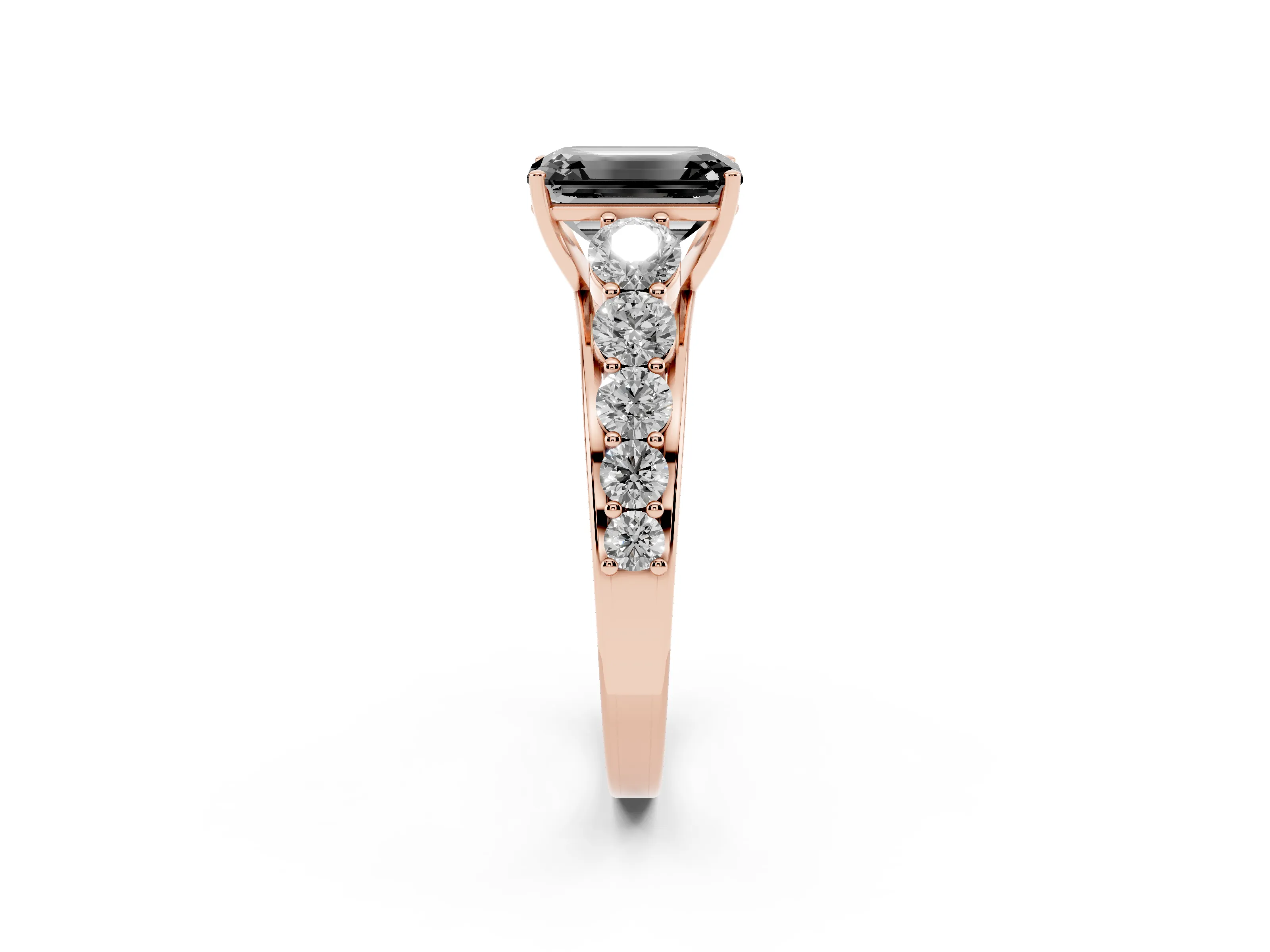 Fancy Black Emerald Cut Diamond Solitaire Ring Set in Rose gold with Pavé-Set Band and Prong Setting