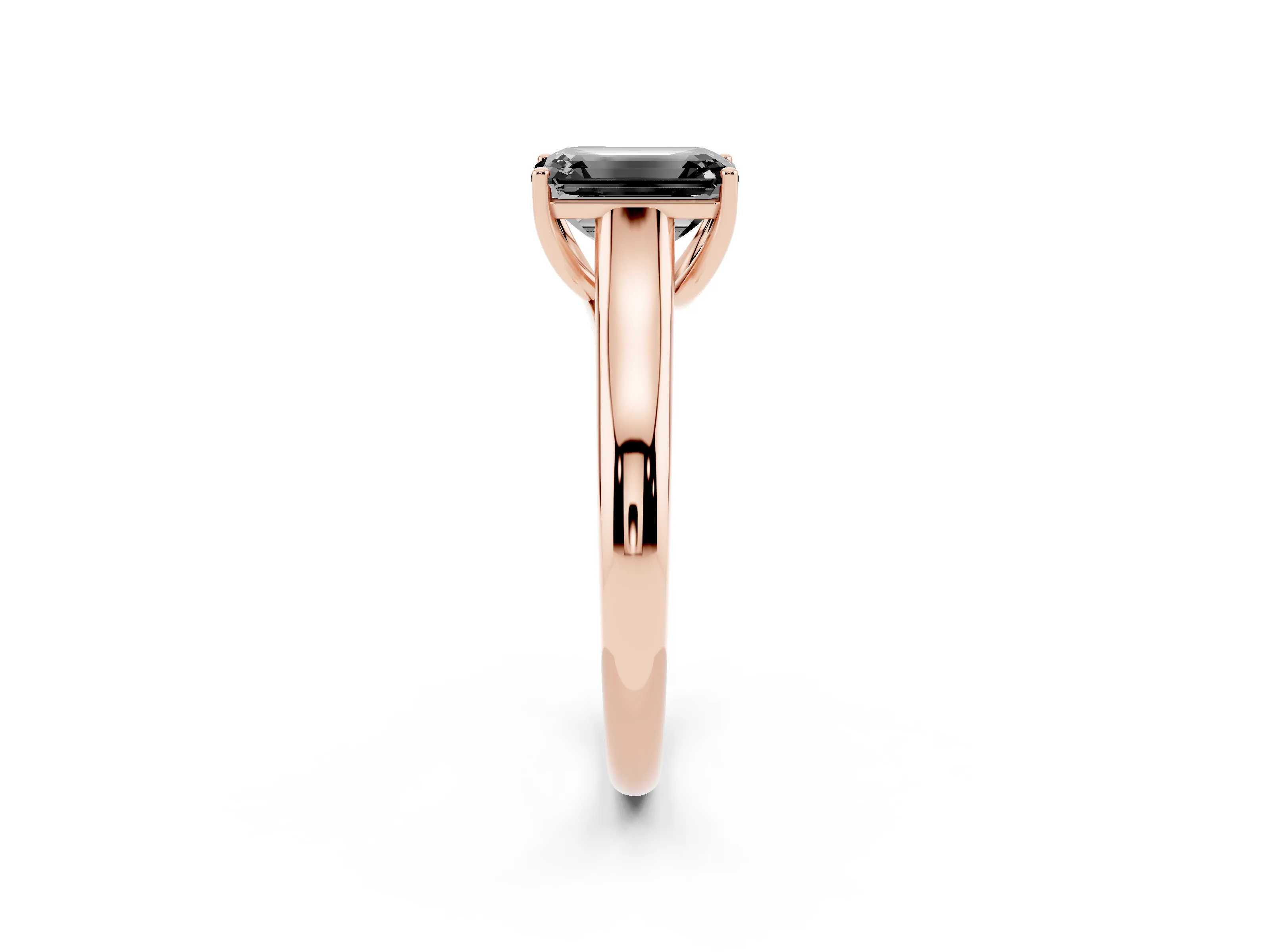 Fancy Black Emerald Cut Diamond Solitaire Engagement Ring Set in Rose gold with Subtly Tapered Band and Prong Setting