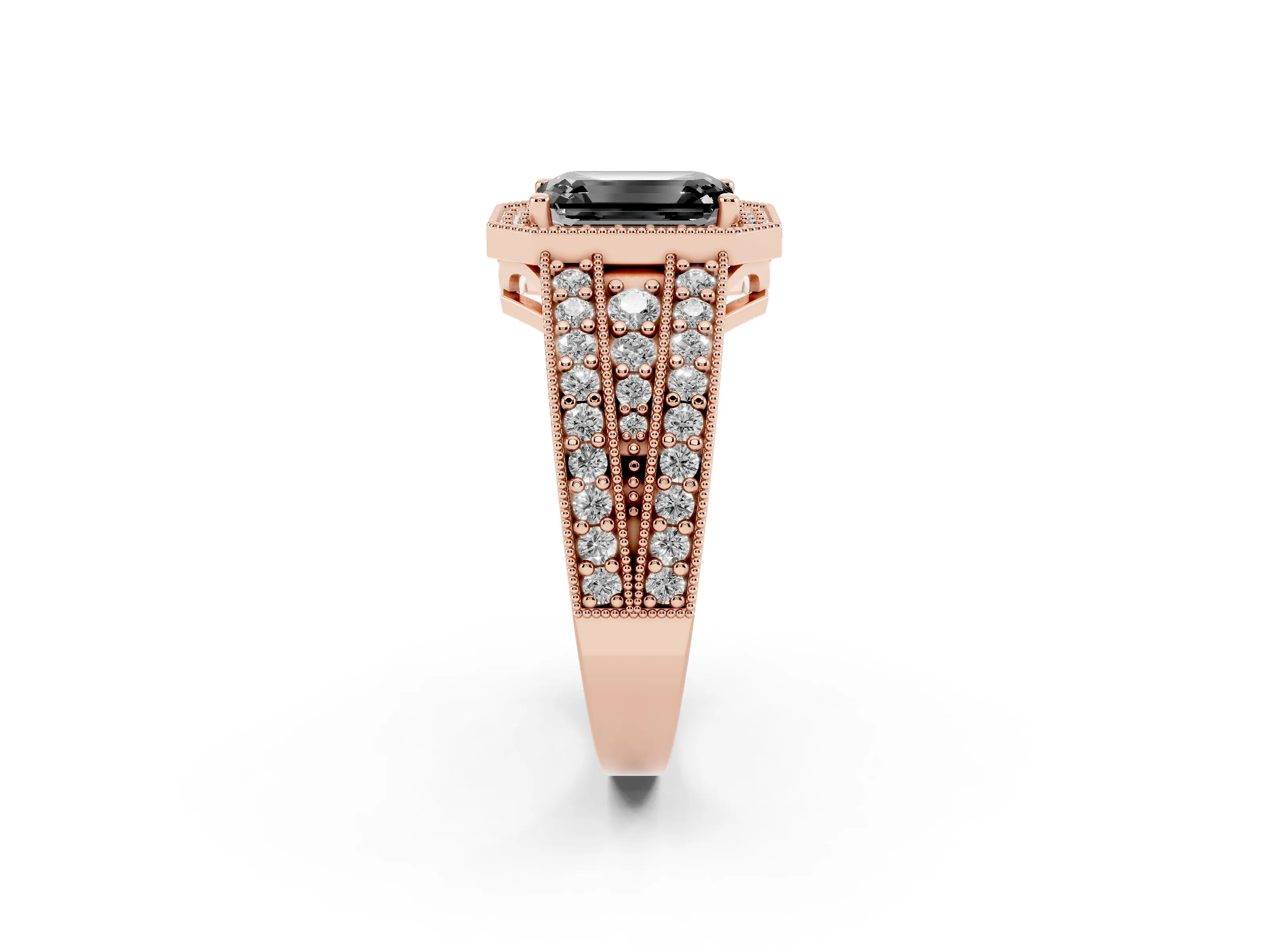 Fancy Black Emerald Cut Diamond Halo Ring Set in Rose gold with Accent Split Shank and Prong Setting
