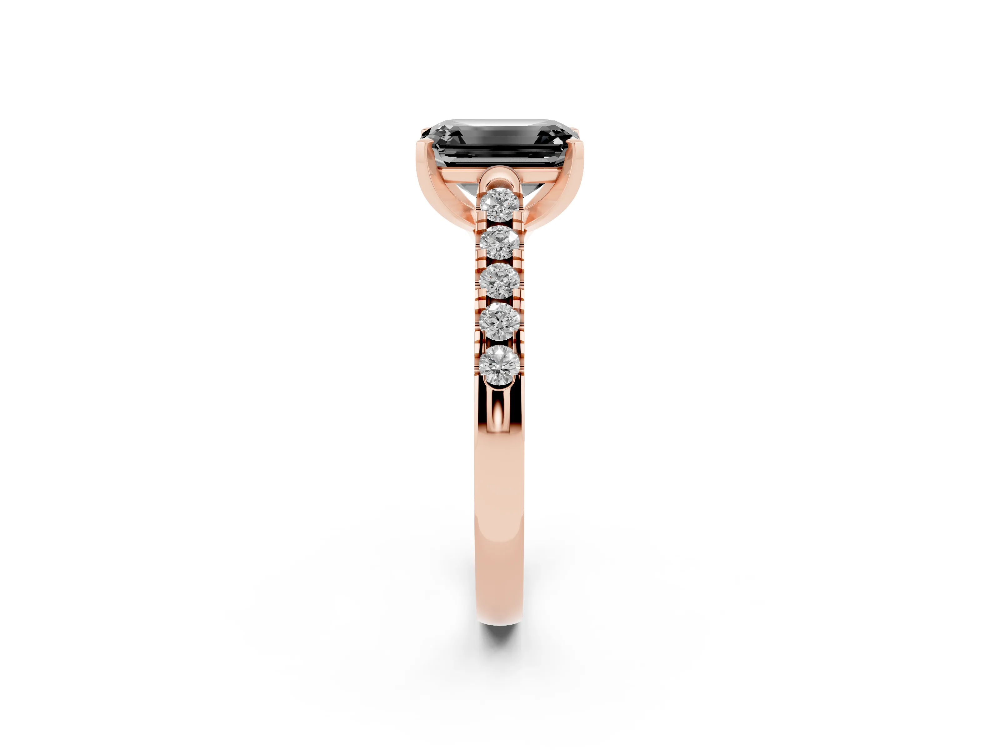 Fancy Black Emerald Cut Diamond Pavé Band Solitaire Ring Set in Rose gold with Partway Accent Stones and Prong Setting