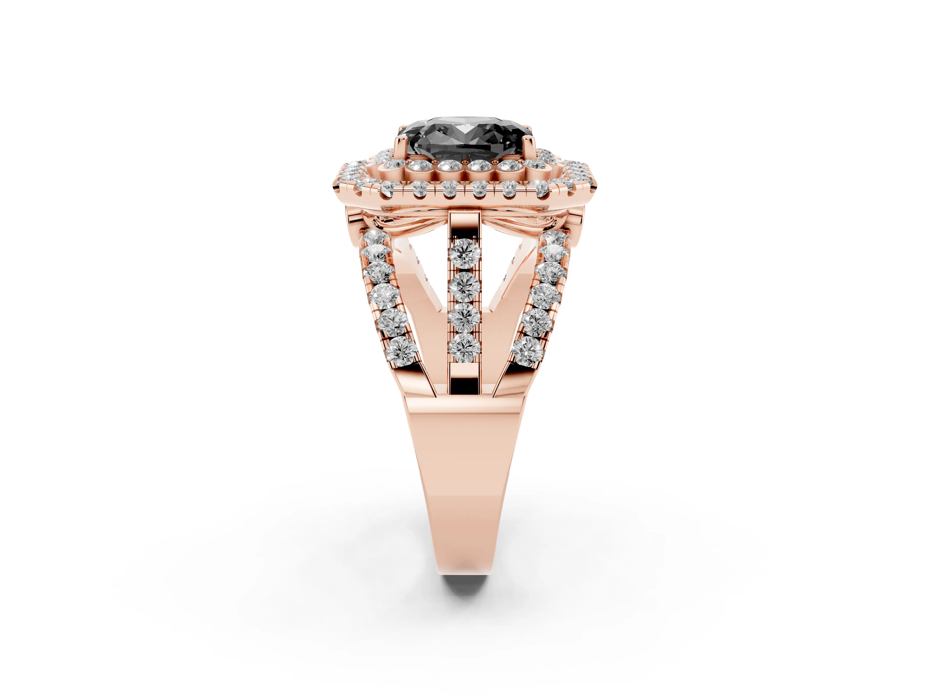 Fancy Black Emerald Cut Diamond Double Halo Ring Set in Rose gold with Round Pavé Split Shank