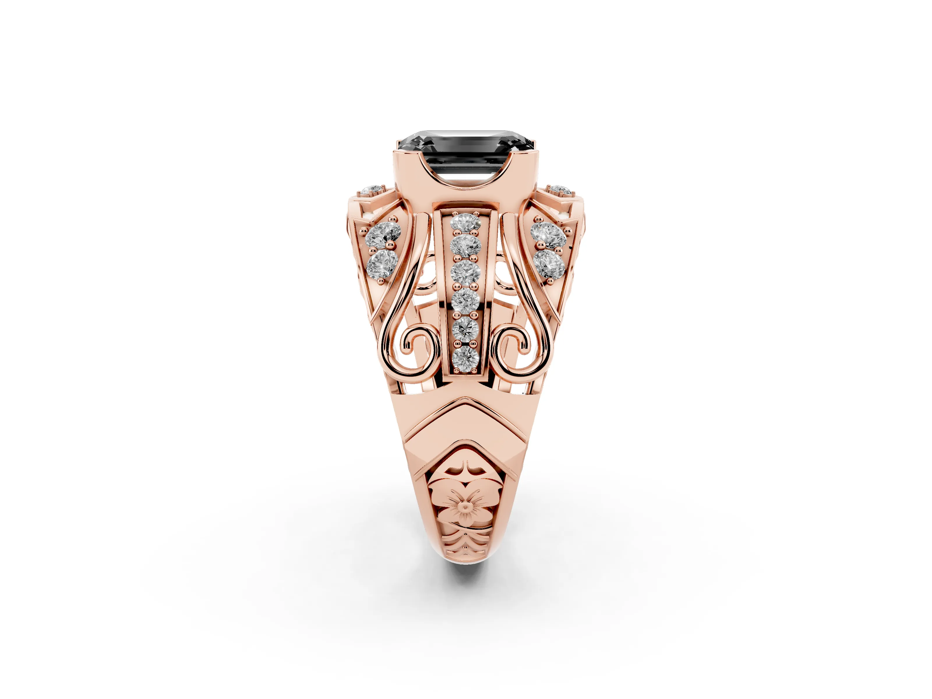 Fancy Black Emerald Cut Diamond Art Deco Ring Set in Rose gold with Pavé Split Shank