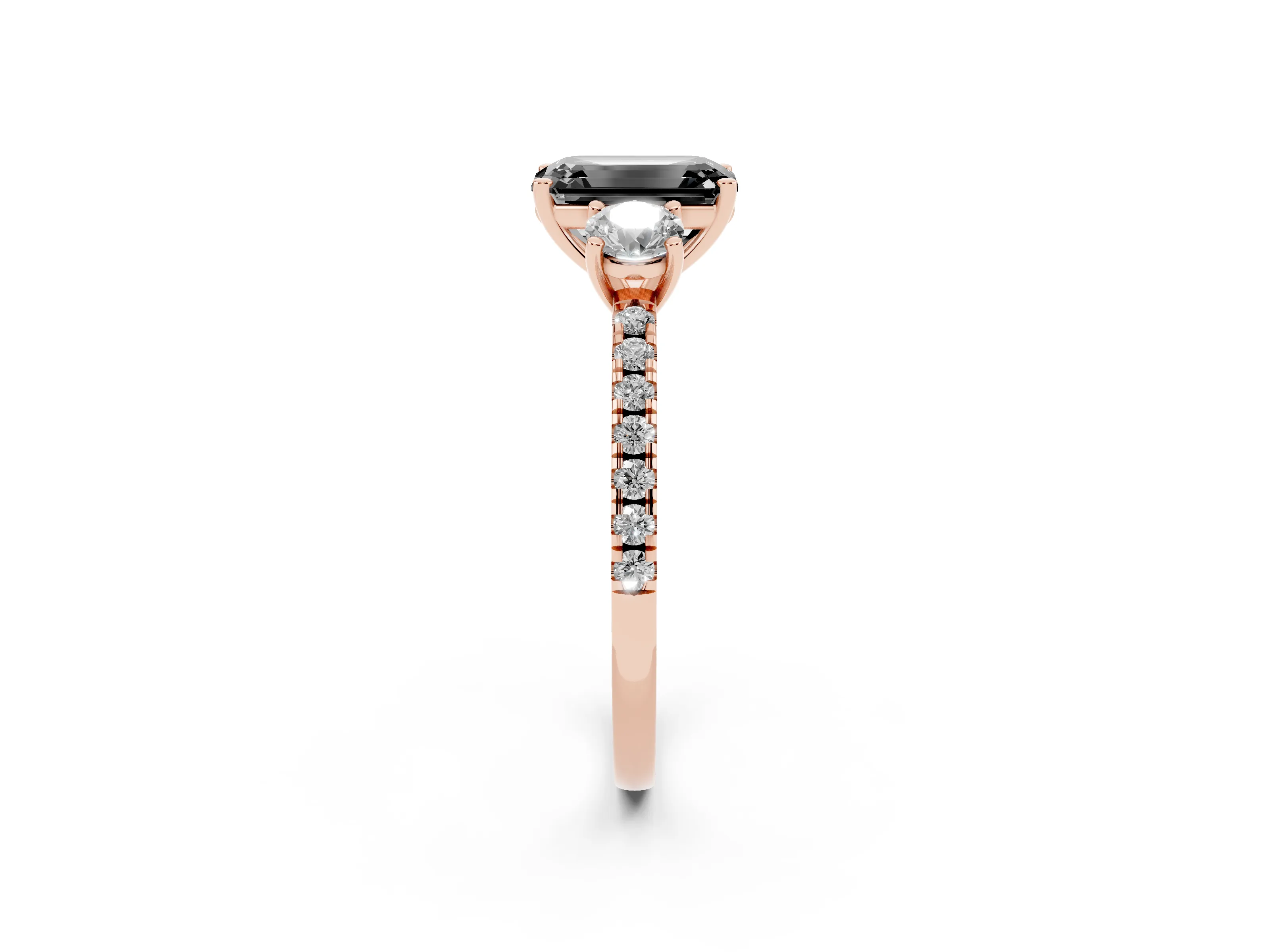Fancy Black Emerald Cut Diamond Three-Stone Ring Set in Rose gold with Pavé Band and Graduated Sides