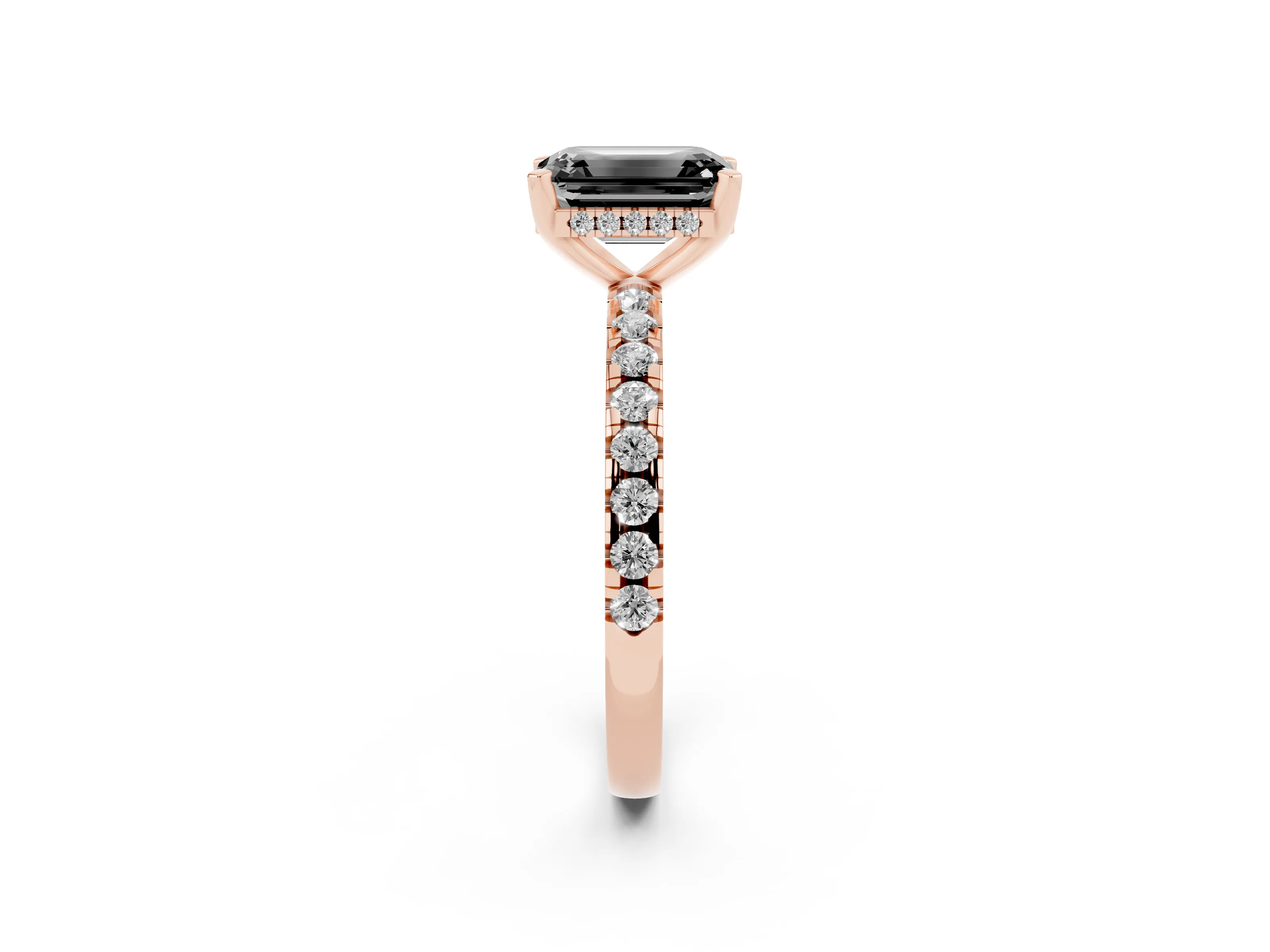 Fancy Black Emerald Cut Diamond Pavé Solitaire Ring Set in Rose gold with Round Band Accents and Prong Setting