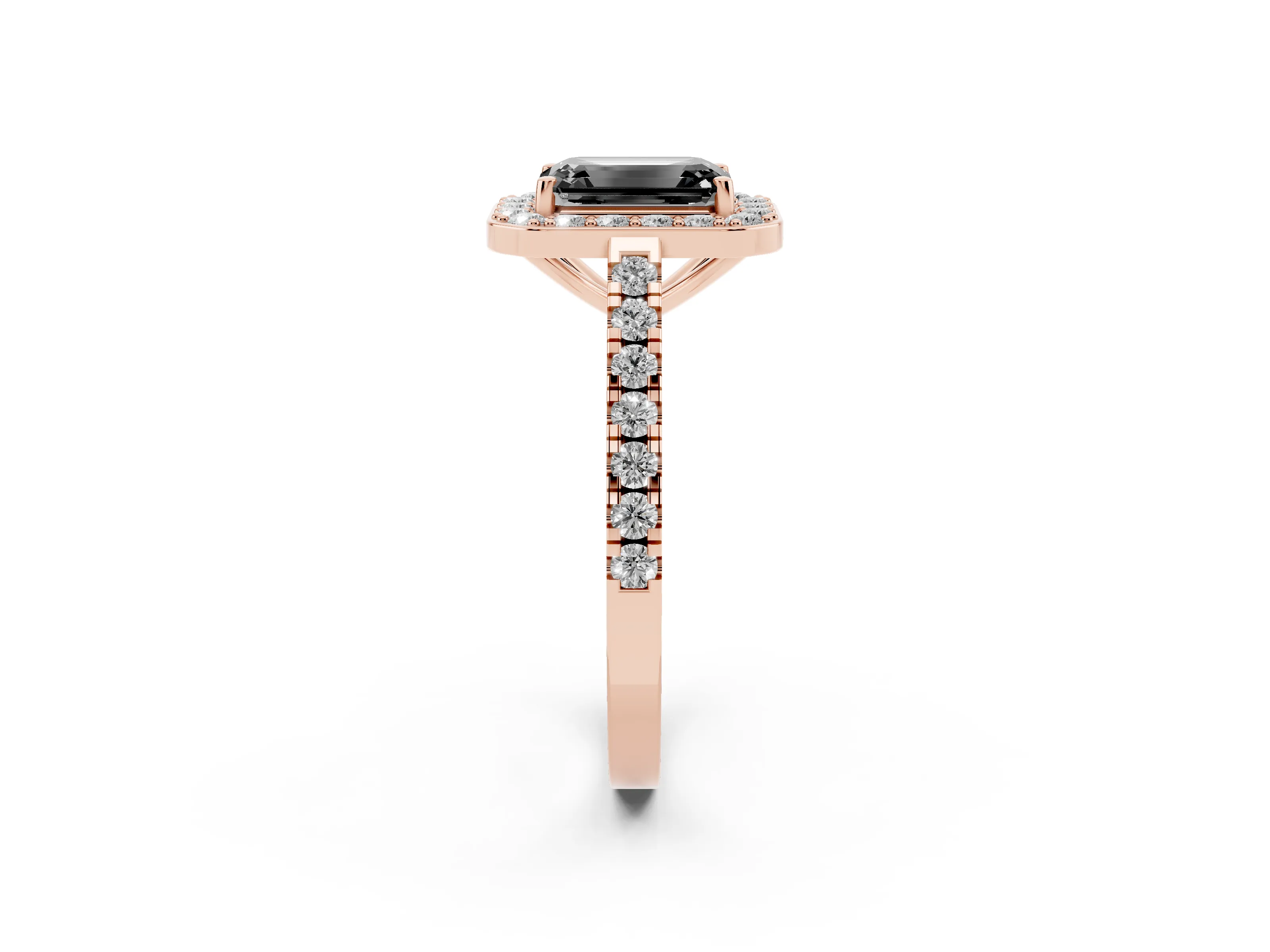 Fancy Black Emerald Cut Diamond Halo Ring Set in Rose gold with Round Pavé Split Shank and Prong Setting