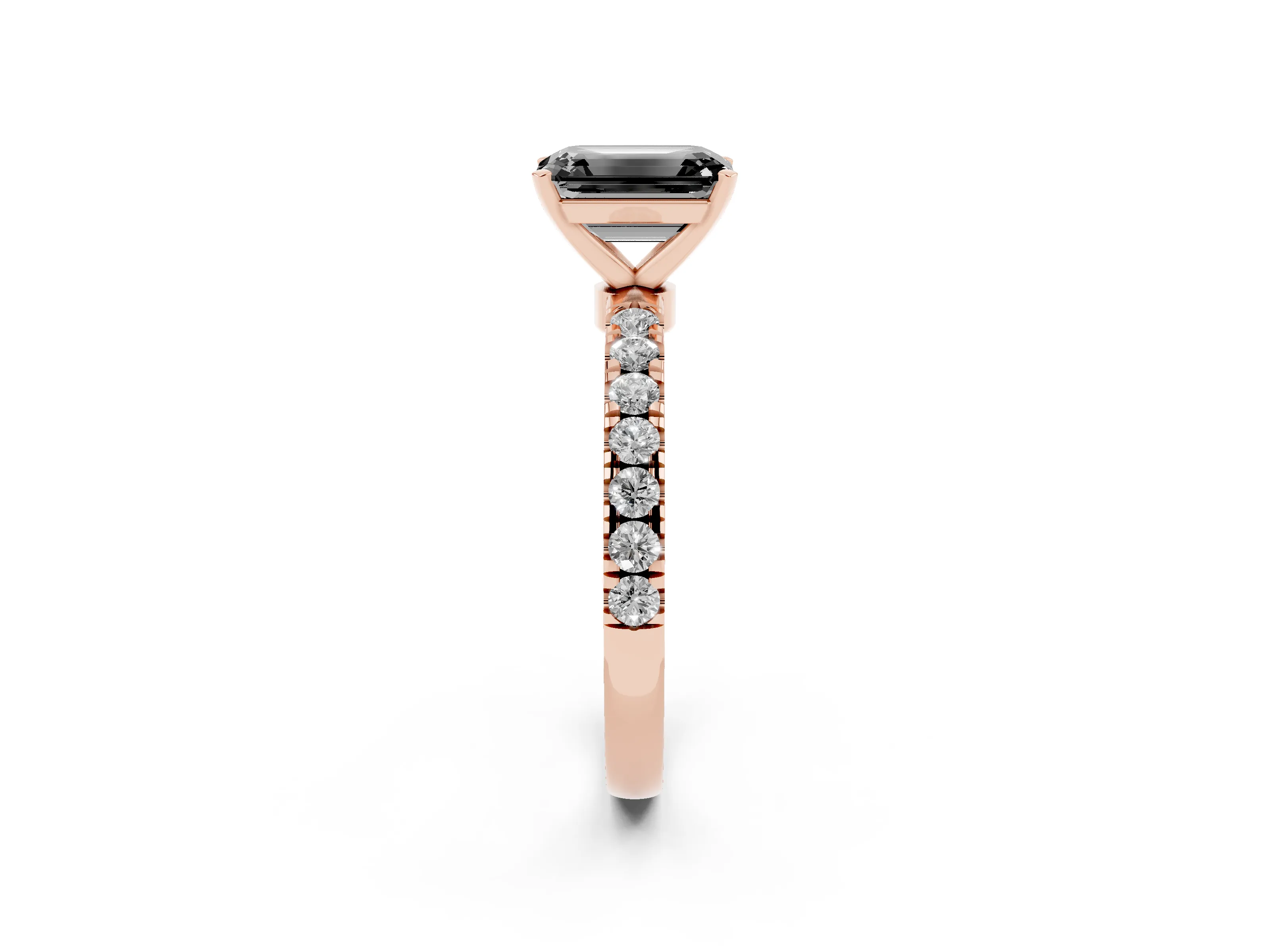 Fancy Black Emerald Cut Diamond Solitaire Ring Set in Rose gold with Pavé Accents and Prong Setting